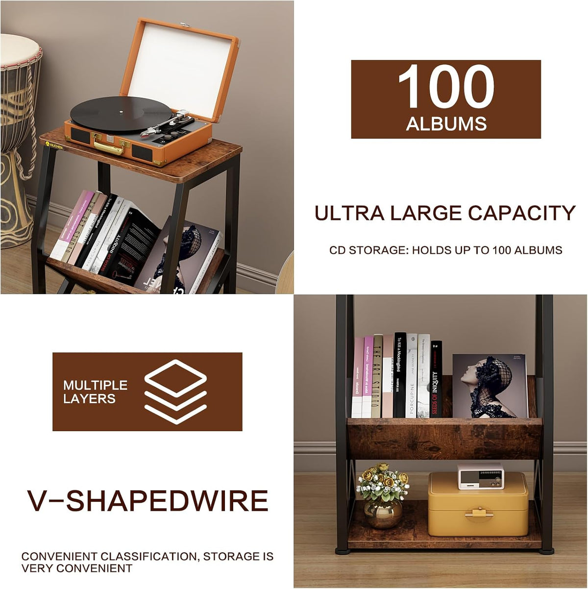 MULKHOME 3-Tier Accent End Table with Magazine Holder Shelf, Metal Frame, Scratch-Resistant Top, Small Bookcase, Sofa Side Table for Living Room, Bedroom,Side Table with Book Storage