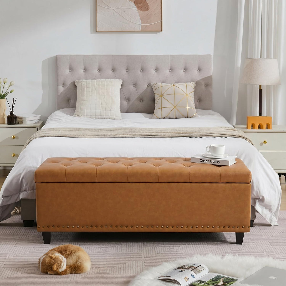 Tbfit 50.8" Ottoman with Storage, Button‑Tufted Bench with Safety Hinge and Rivets, Large End‑of‑Bed Storage Ottoman Bench for Bedroom, Living Room, Entryway, Camel PU