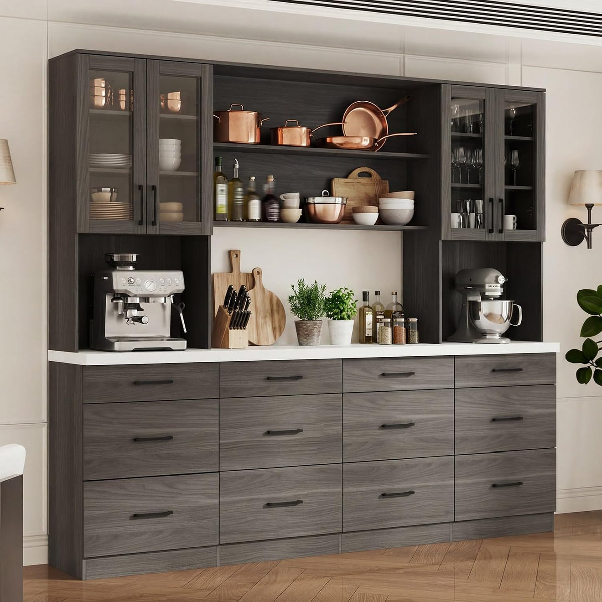 Timechee 82.7" Tall Kitchen Pantry Storage Cabinet, Large Free Standing Food Storage Hutch with Doors and Shelves, Modern Cupboard Coffee Bar with Drawers for Dining Room, Gray