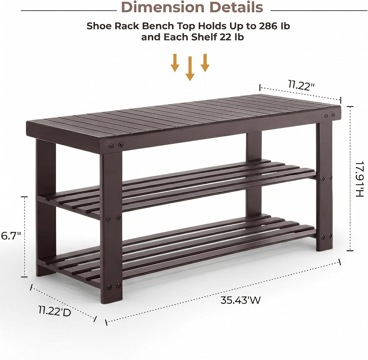 Bamboo Shoe Bench, 3-Tier Shoe Organizer Holds Up to 286 lb, Entryway Bench with Shoe Storage Suitable for Closet & Living Room, 11.22 x 35.43 x 17.91, Espresso Brown