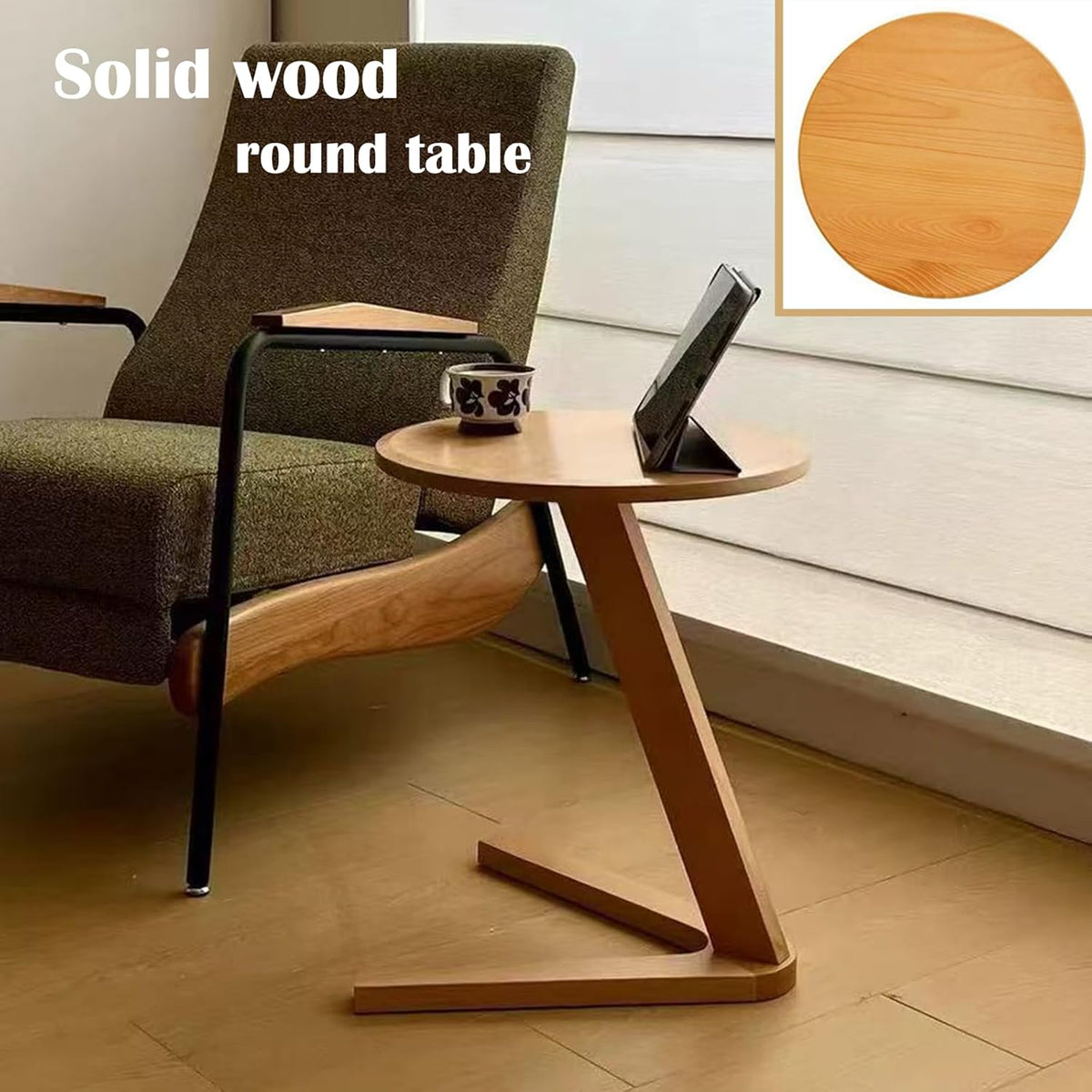 YUNMUARY-C-Shaped Side Table Round Side Tables for Couch Space-Saving Sofa Table Slide Under Couch for TV Dinner Laptop Side Over Solid Wood End Table for Living Room Modern Nightstand (Light Brown)