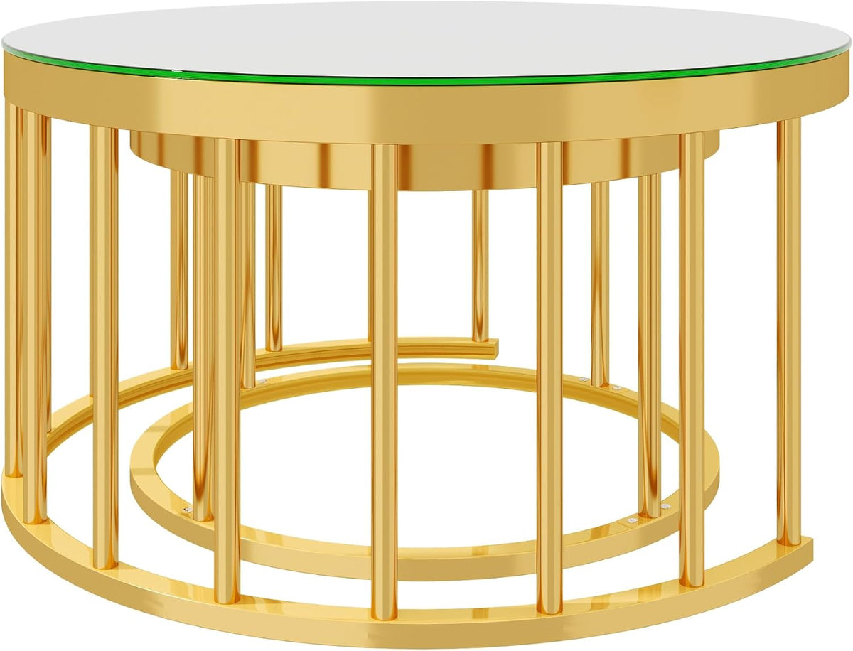 JIVOIT 2-Piece Round Nesting Coffee Table Set with Gold Metal Frame | Modern Circular Cocktail Table, Tempered Glass Tabletop, Accent Nesting Tables, Rounded Edge, Space-Saving, Living Room