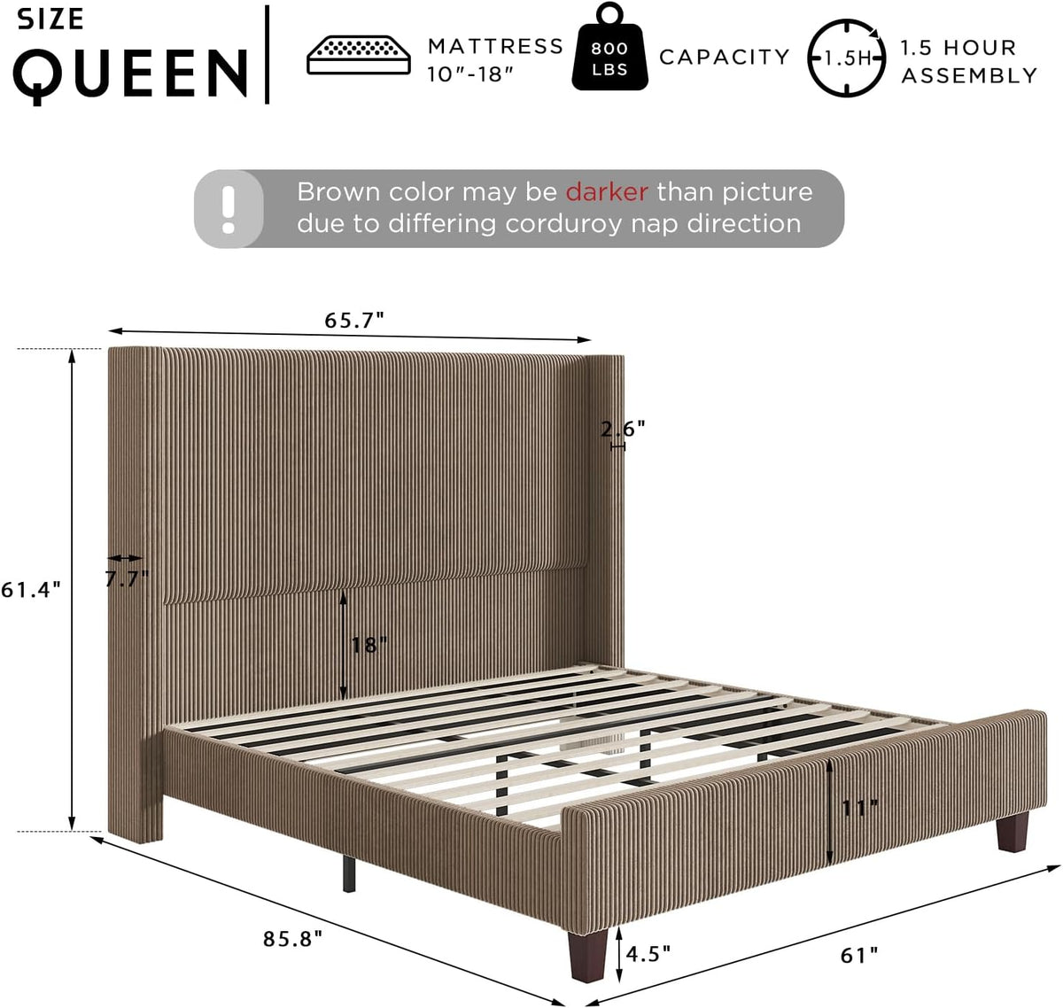 HOWE Upholstered Queen Bed Frame with 61" Tall Wingback Headboard, Chestnut