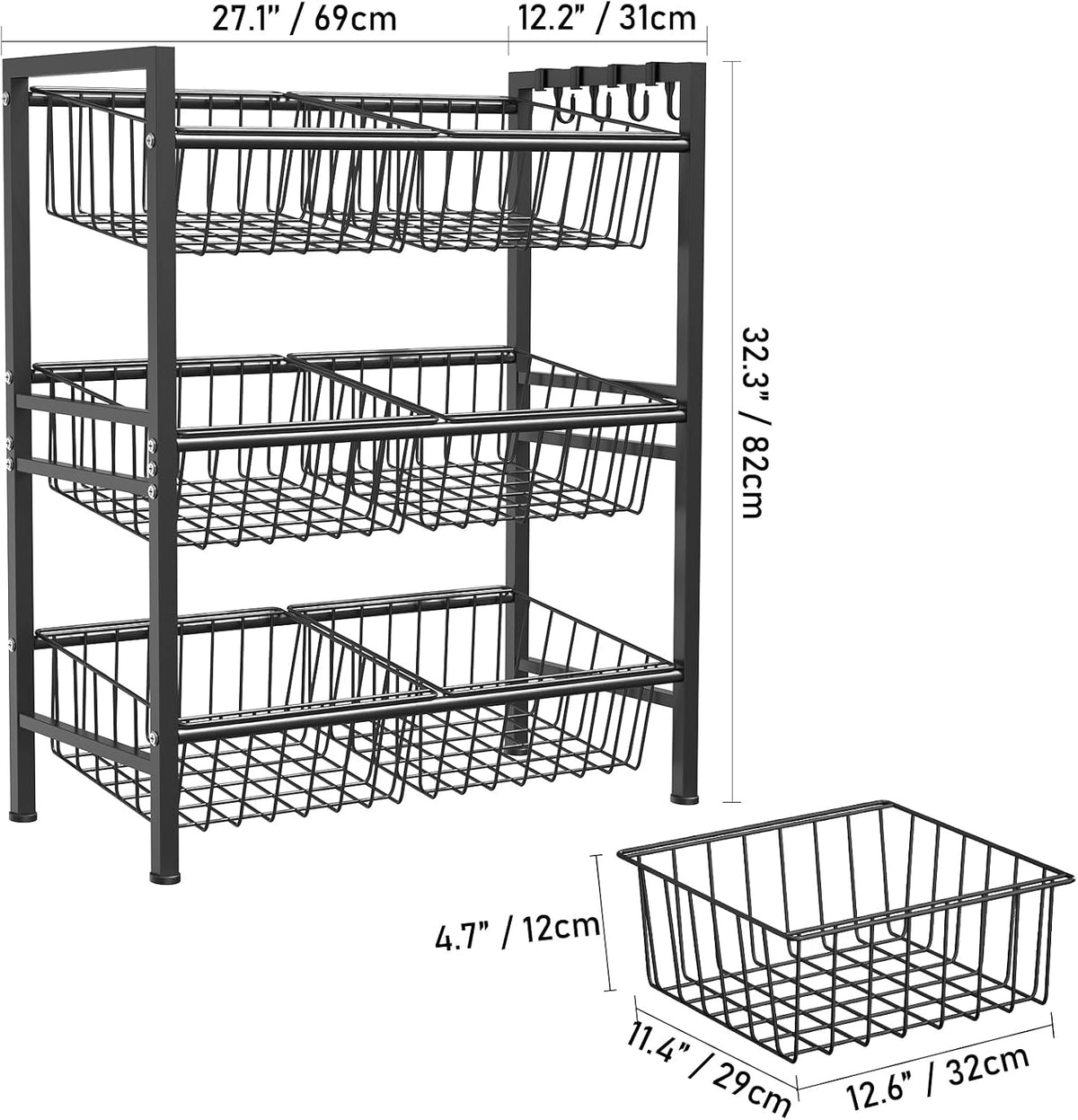 Hastatii Kitchen Storage Basket Shelf, Snack Basket Shelf, 3 Tier Fruit Vegetable Basket Stand, Metal Pantry Storage with 6 Stackable Wire Baskets, Black