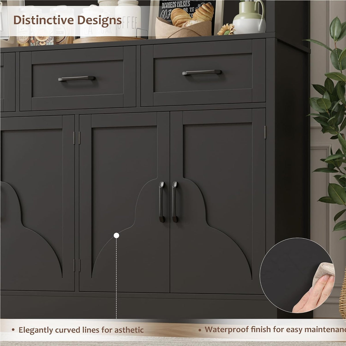 HITHOS 76" Tall Kitchen Pantry Storage Cabinet, 55“ Wide Kitchen Hutch Cabinet with Storage Drawers, Large Food Pantry with Microwave Stand, Modern Cupboard with Hutch for Dining Living Room, Black