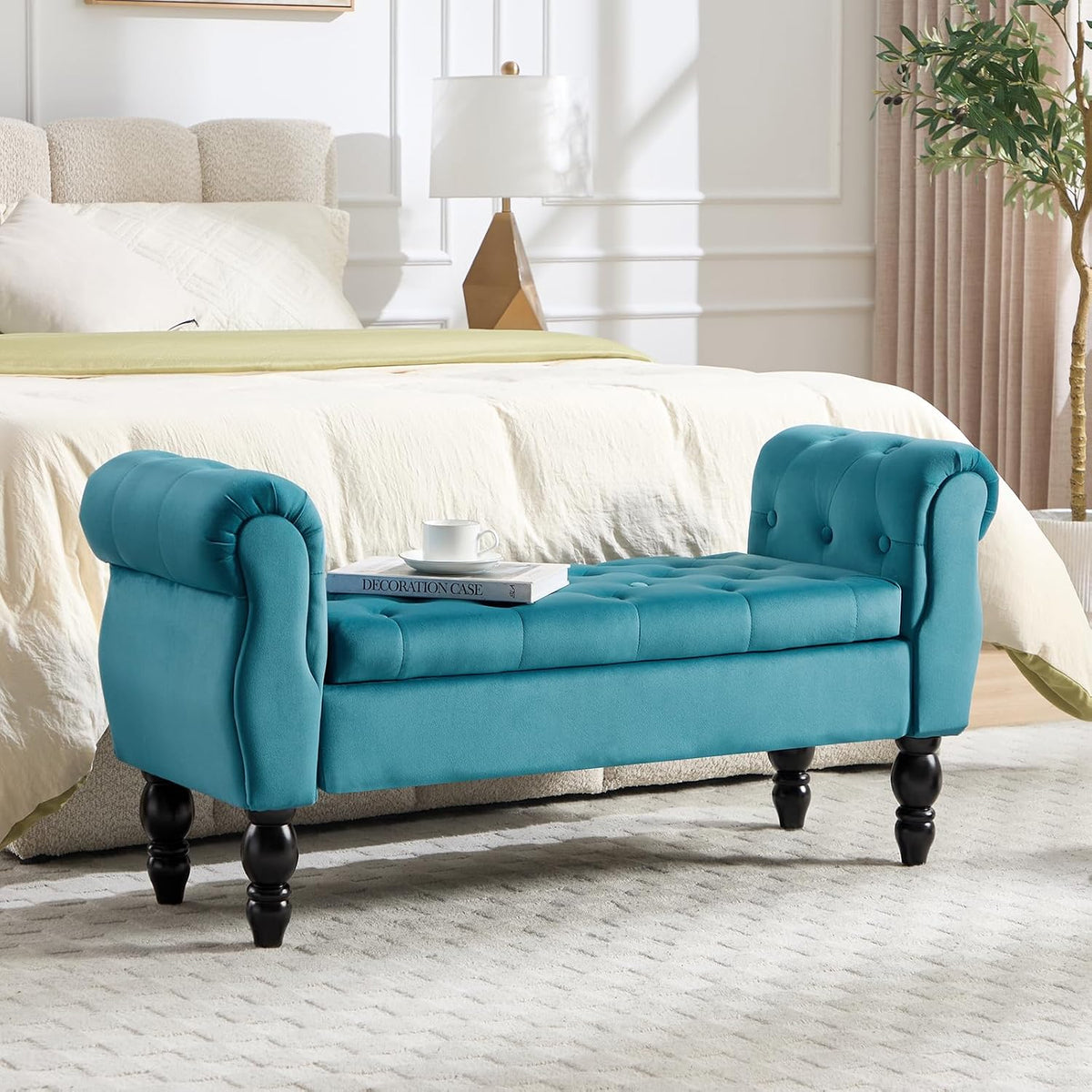 48'' Storage Bench for End of Bed, Upholstered Bedroom Bench with Arms Modern Velvet Lift-top Entryway Ottoman with Storage, Button Tufted Window Bench for Living Room, Reception, Teal