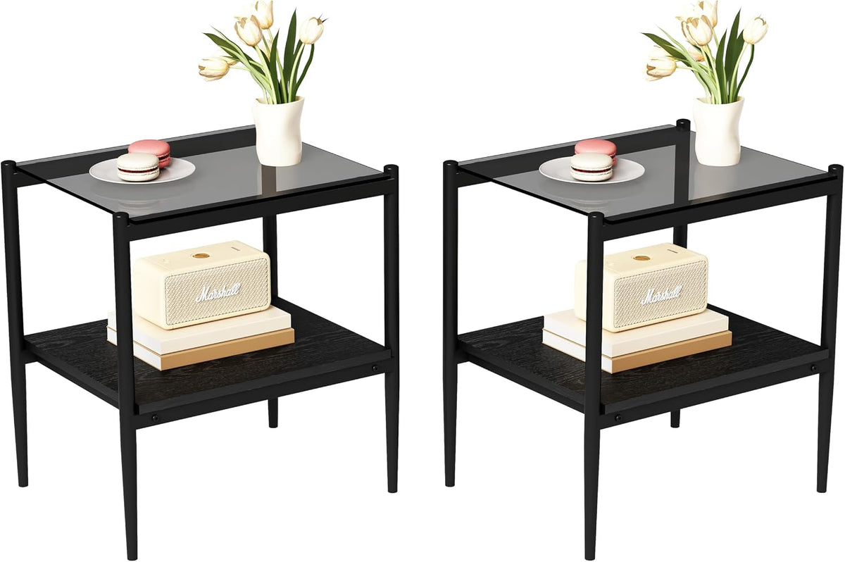 Modern Glass End Table, Tempered Glass Top, Sofa Side Table with MDF Storage Shelf and Metal Legs, Perfect for Living Rooms, Bedrooms, and Small Spaces (Gray Glass+Black)