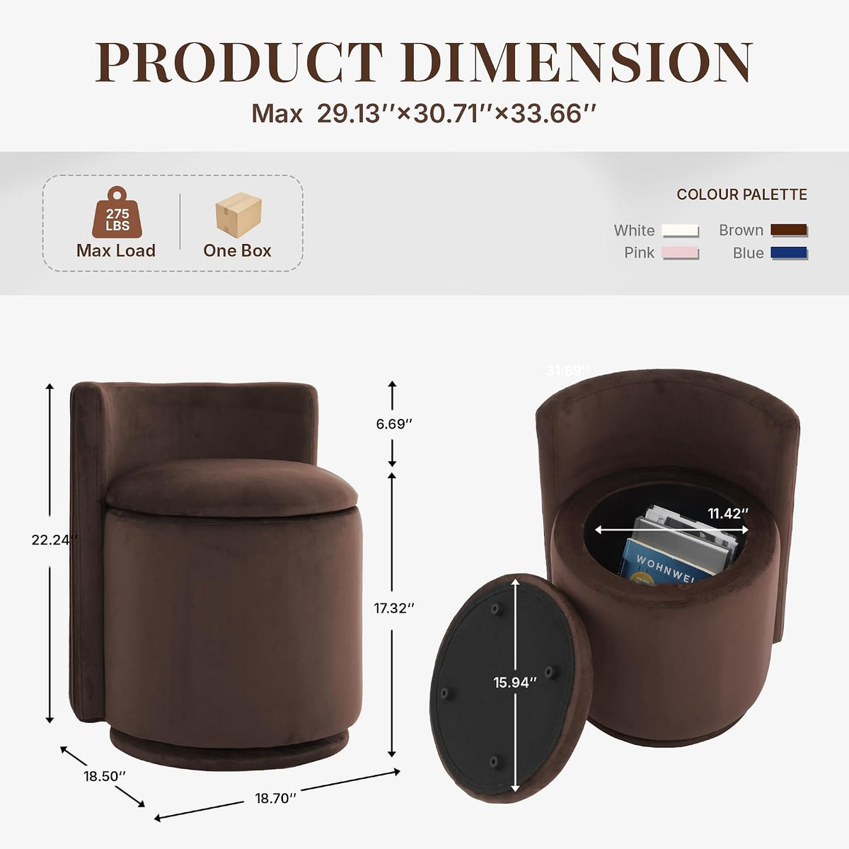 Velvet Vanity Chair with Storage, 360° Swivel Makeup Stool with Stripes Back & Upholstered Seat, No Assembly Round Accent Ottoman for Bedroom, Dressing, Living Room, Makeup Room