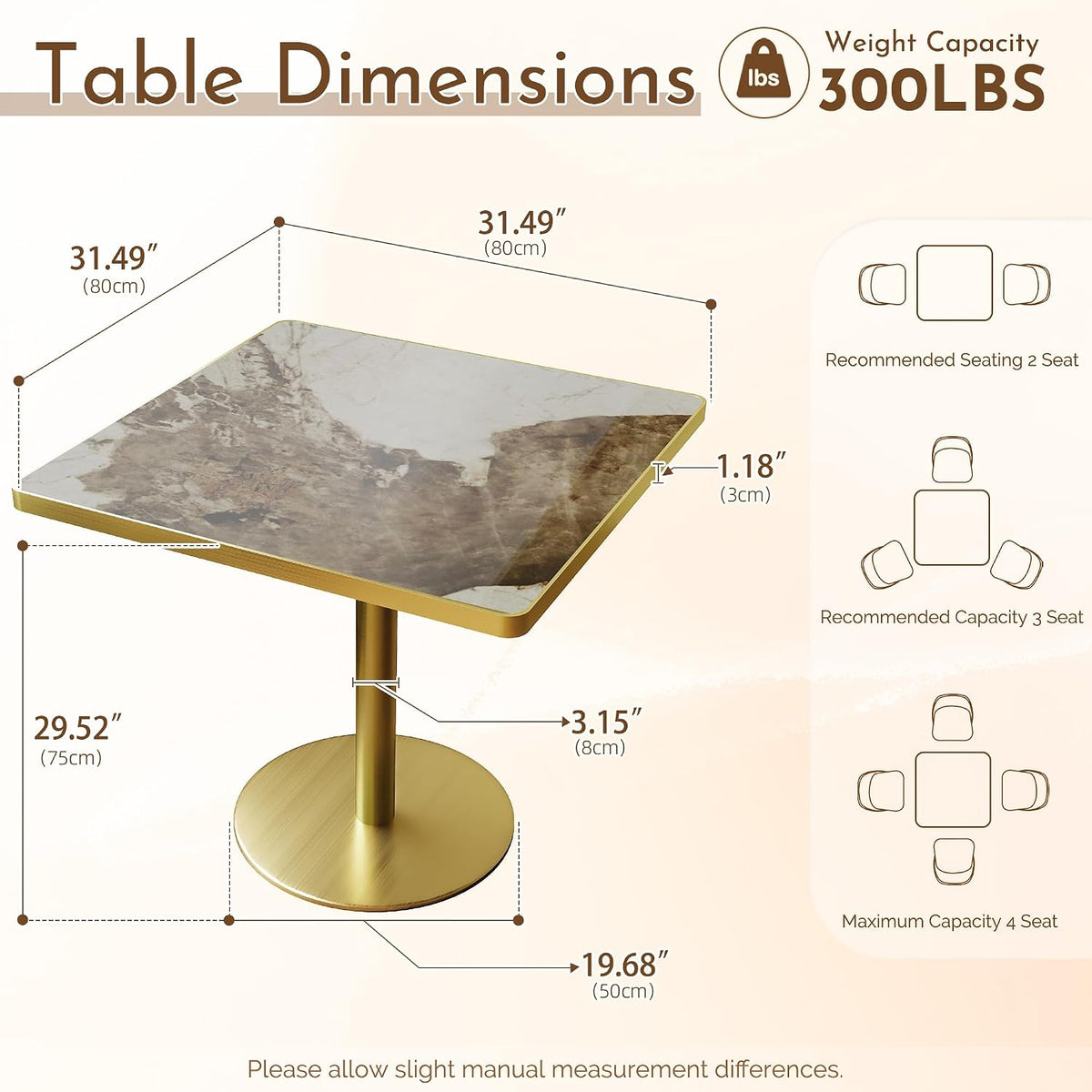 31.5 Inch Square Tulip Table with Thickened Sintered Stone Tabletop & Golden Metal Pedestal, Small Dining Table Bistro Table for Diner, Bar, Restaurant, Café, Bakery, Apartment (Amber Vein)