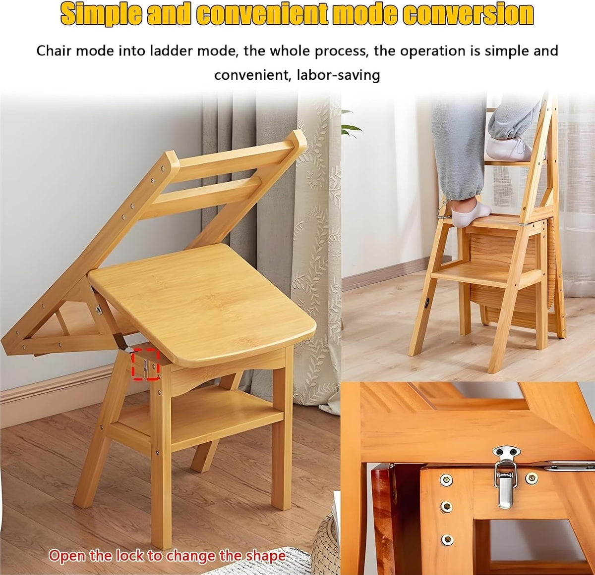 Aimery Library Ladder Chair, 2 in 1 Portable 4-Step Ladders, Wood Foldable Stool for Home, Library, Office(Dark Walnut,A)