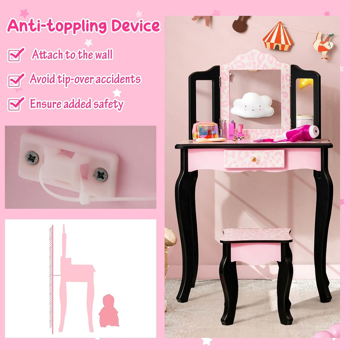 Costzon Kids Vanity Table and Chair Set, Girls Vanity Set with Mirror and Stool, Storage Drawer, Wooden Princess Makeup Dressing Table, Vanity Set for Little Girls