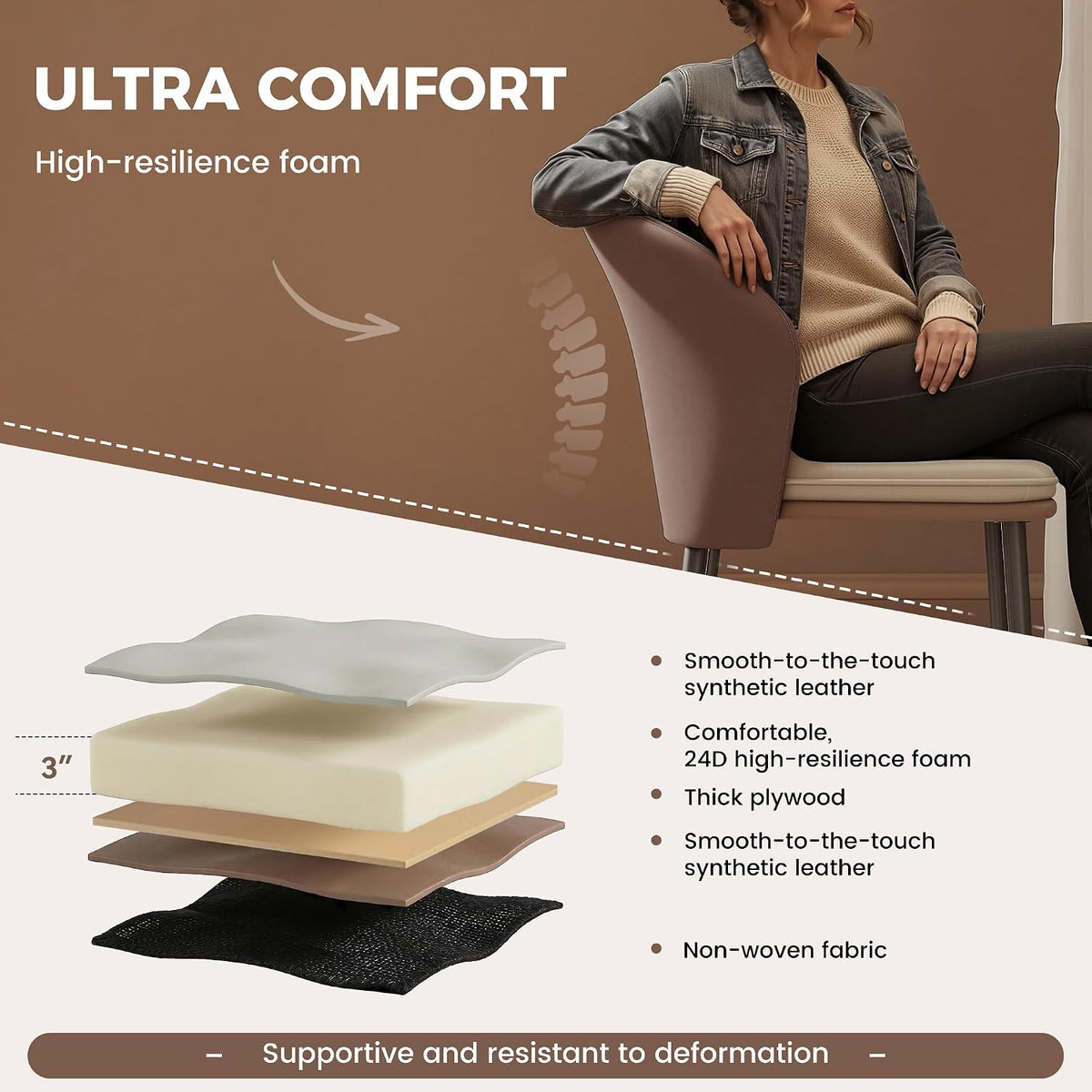 Modern Curved Back Dining Chairs Set of 6, Faux Leather Upholstered Accent Chair, Mid-Century Kitchen Side Chair with Soft Cushion for Dining Room, Living Room, Bedroom, Brown