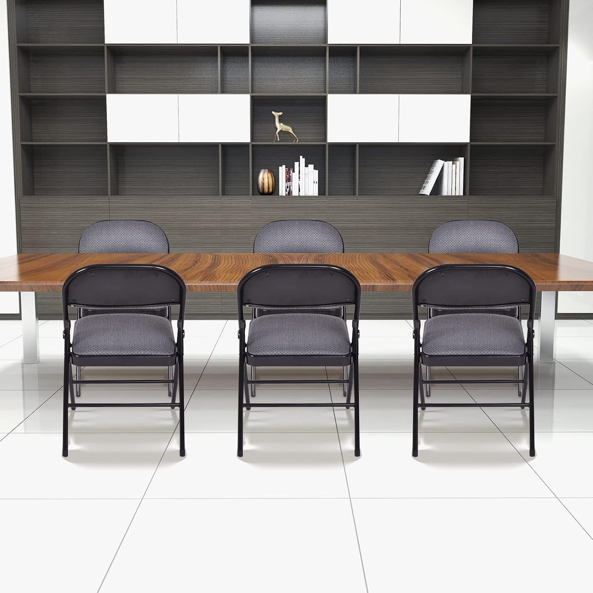 GOFLAME 6 Pack Folding Chairs, Fabric Dining Chair Set with Padded Seat & Metal Frame, Indoor Outdoor Upholstered Commercial Seat for Home Office Events Wedding Party, Grey & Black