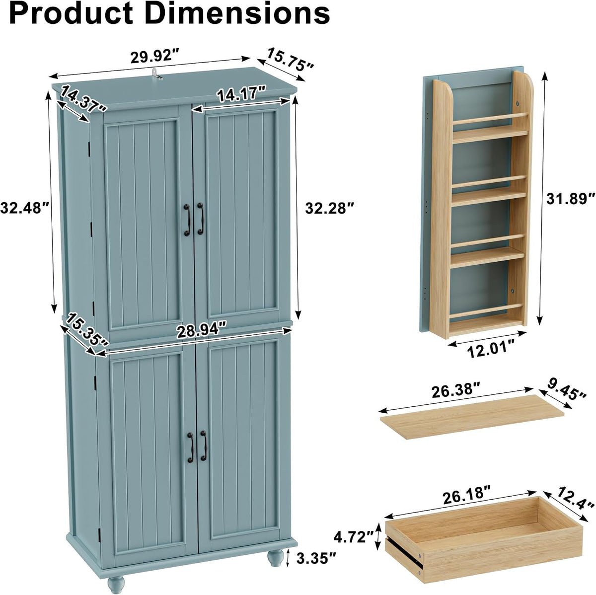 Scurrty Vintage Kitchen Pantry Cabinet with Drawers and Door Shelves, Blue | 69'' Tall Cupboard, Pull Out Trays, Painted, Heavy Duty, Roman Column Leg, Adjustable Shelf, Farmhouse Hutch, Food Organizer