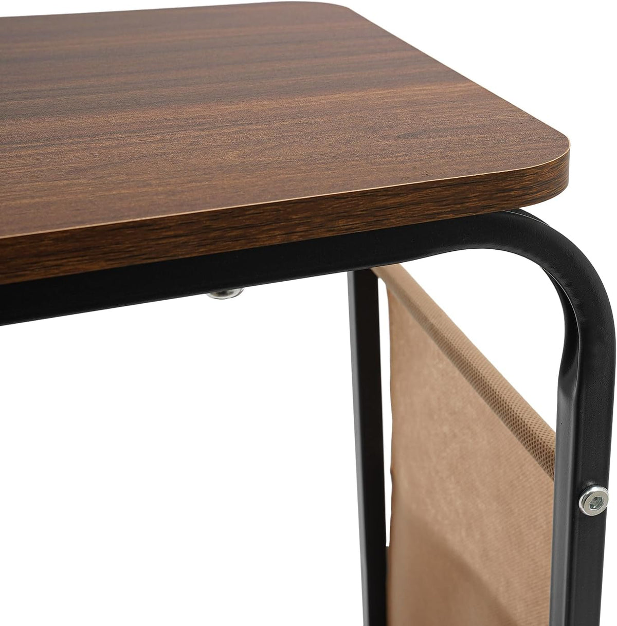 Rolling Side Table, C Shaped Side Table Wooden Couch Side Table with Wheels&Mobile Storage Basket Modern Couch Tables That Slide Under for Living Room Bedroom (Black Stand + Brown Desktop)