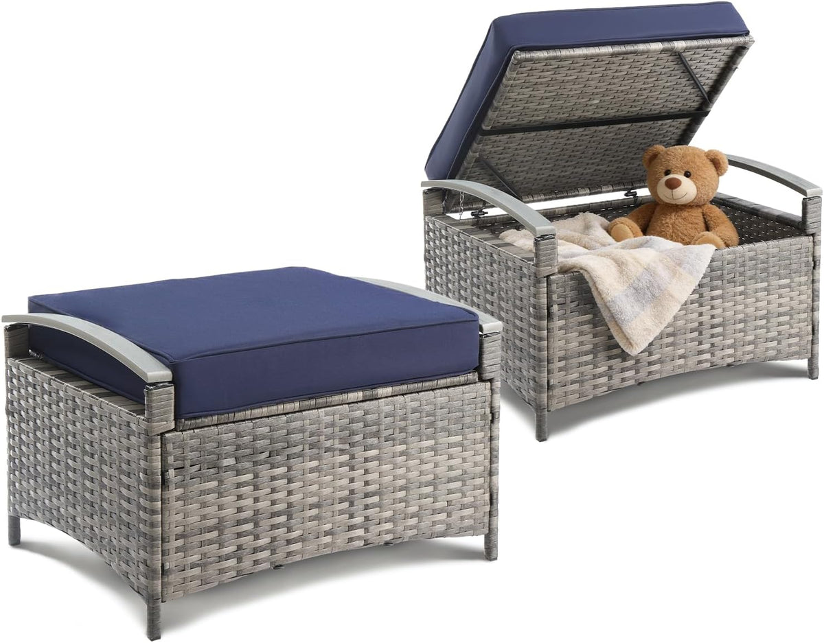 VINGLI 2 Pieces Outdoor Ottoman with Storage, Wicker Ottoman Patio Furniture w/Removable Cushion, Multipurpose Footrest Stool for Outdoor (Grey)