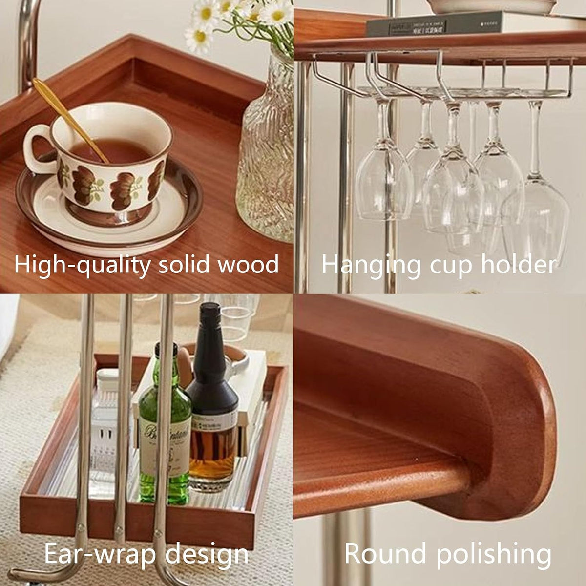 Solid Wood Tv Tray Side Tables with Tempered Glass and Metal Frame,Small Snack End Table with 2-Tier Storage,Modern Rolling Trolley Side Table for Couch,Antique