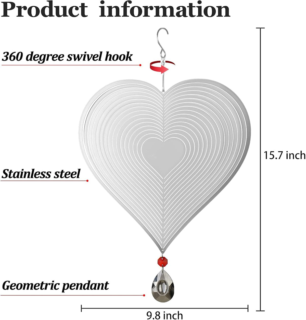 Wind Spinner, Hanging Wind Sculptures,Wind Spinners for Yard and Garden Decor,Yard Decorations Outdoor,Hanging Art Ornaments for Garden Yard Balcony Decor (Silver Heart)