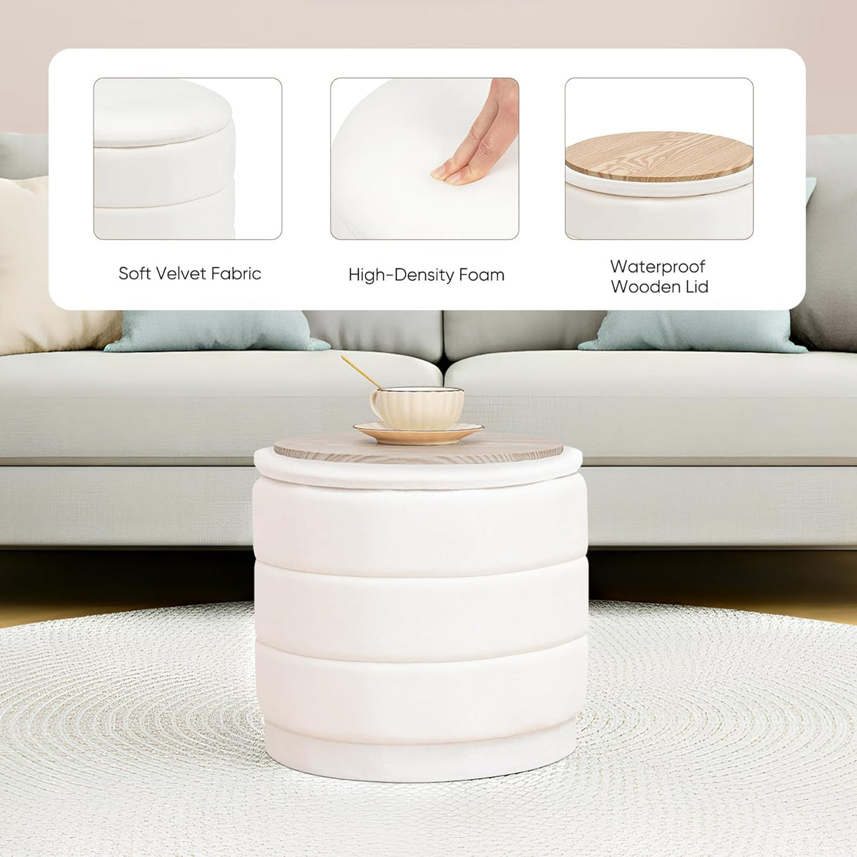 15.4" Round Velvet Storage Ottoman with Reversible Lid, Upholstered Circular Ottoman Footrest with Hidden Storage, Foldable Padded Footstool for Dorm Living Room & Bedroom, White