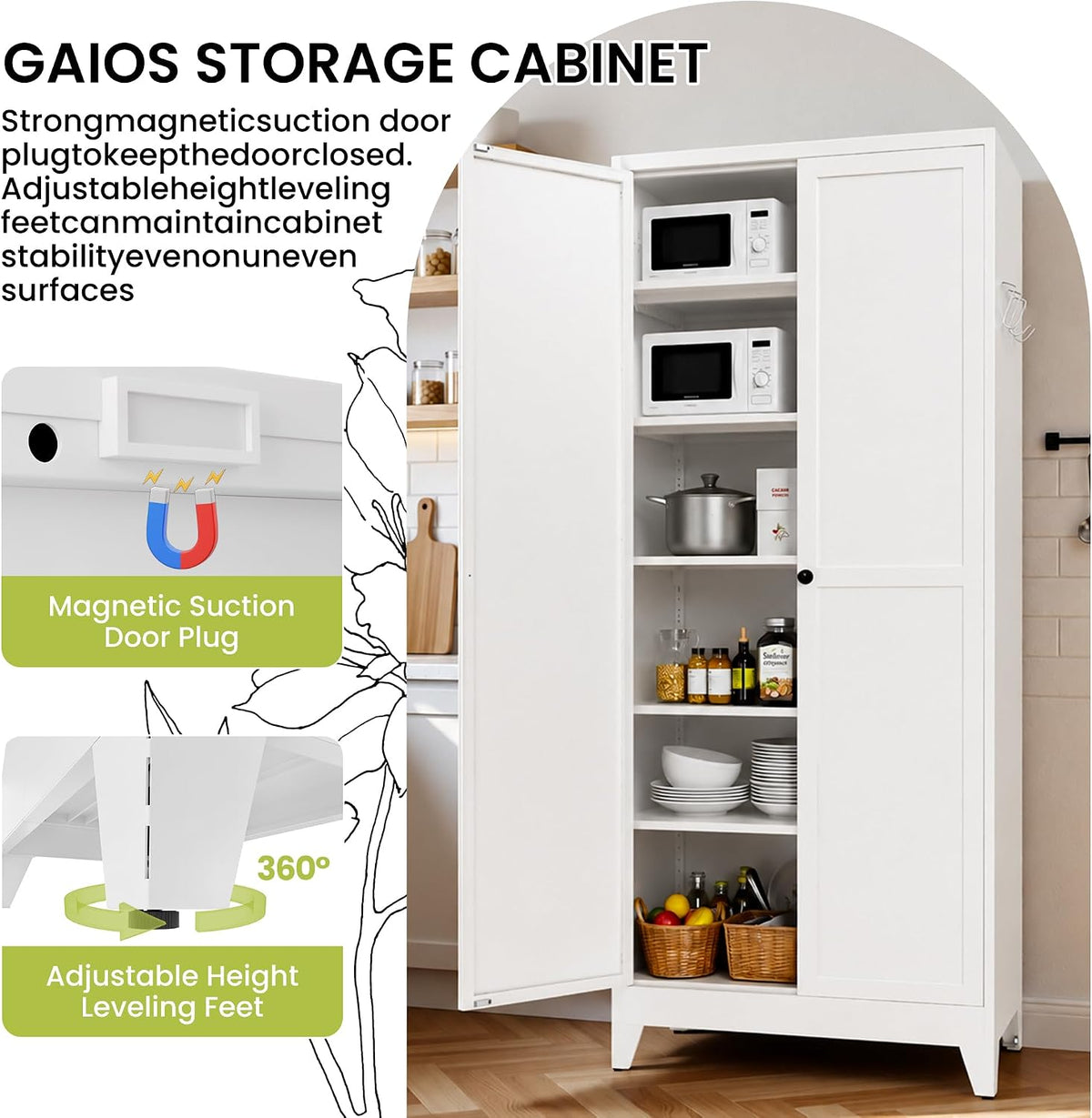 AQY 75" Pantry Cabinet, White Freestanding Storage Cabinet with 5 Adjustable Shelves, Metal Pantry Cupboard with Ventilation Design & Hanging Hooks, 2-Door Kitchen Organizer for Living Room Kitchen
