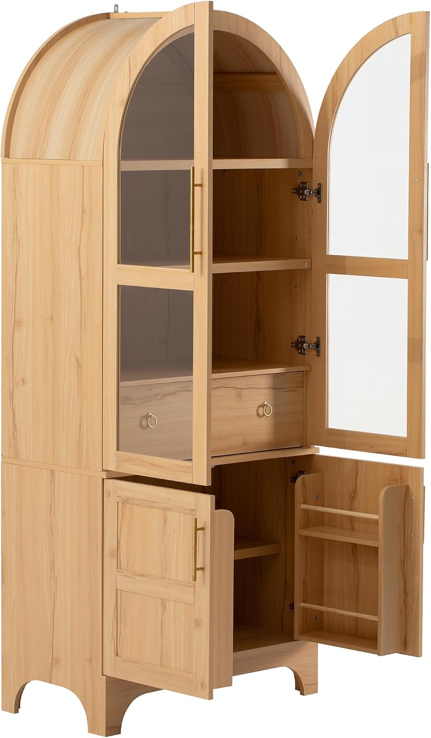 SOFTSEA Arched Kitchen Pantry Cabinet, with Hidden Drawer & Glass Door, 71" Tall Farmhouse Storage Cabinet with Open & Adjustable Shelves, Kitchen Hutch with Door Shelves for Living Room, Natural