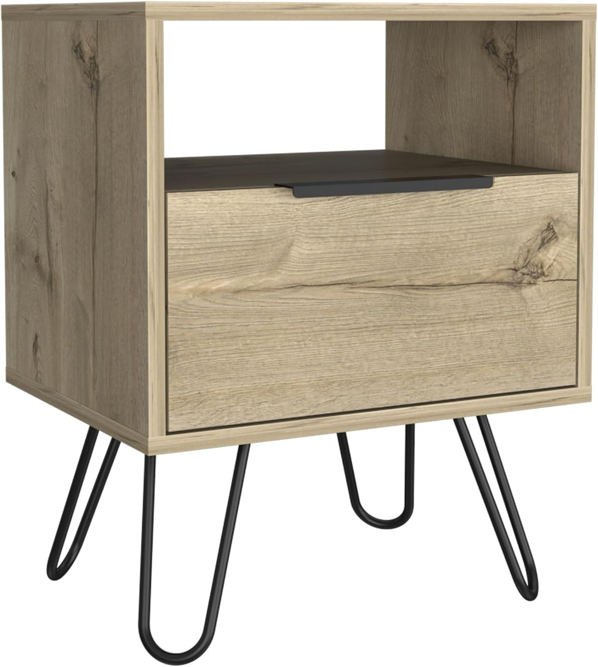Nightstand 22" H, One Open Shelf, Single Door Cabient, Hairpin Legs, Light Oak,for Small Spaces