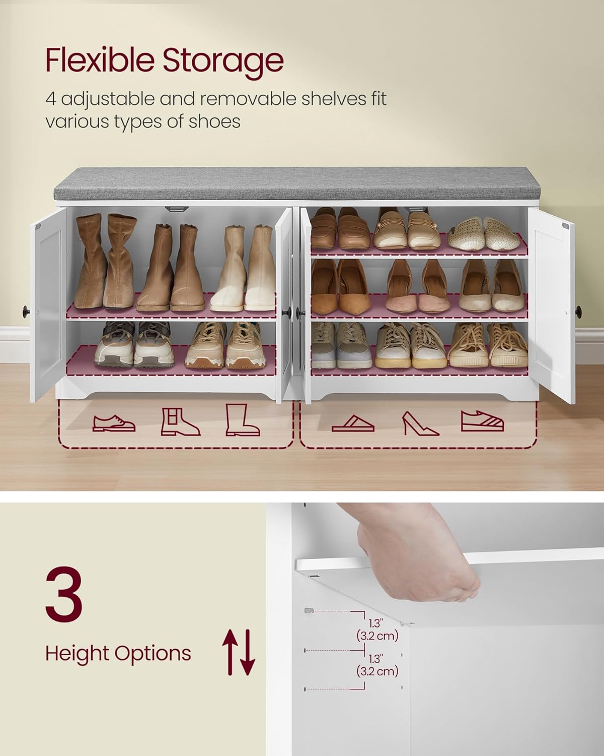 VASAGLE Shoe Storage Bench with Cushion, 3-Tier Entryway Bench with Padded Seat, Doors, Adjustable Shelves, 14 x 47.6 x 20.7 Inches, for Hallway, Bedroom, Cloud White and Dove Gray ULSB048WB01