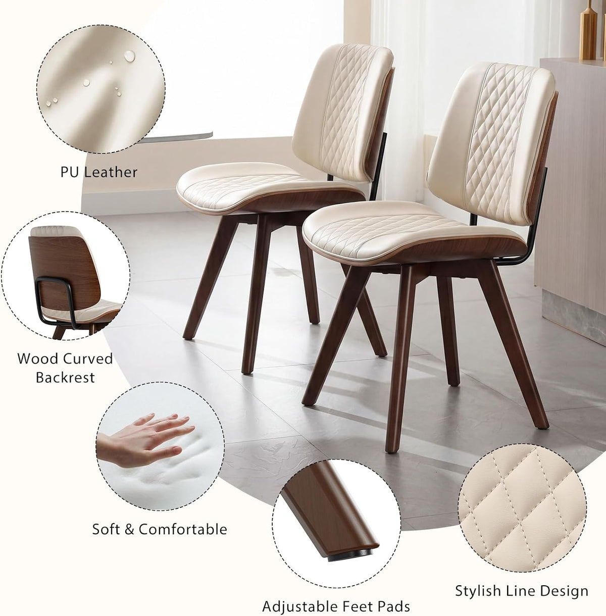 BV Dining Chairs Set of 2, PU Leather Armless Kitchen Chair in Modern Walnut Style, Mid Century Bentwood Side Chair with Wood Legs, Retro Accent Guest Chair for Kitchen Dining Room(Beige)