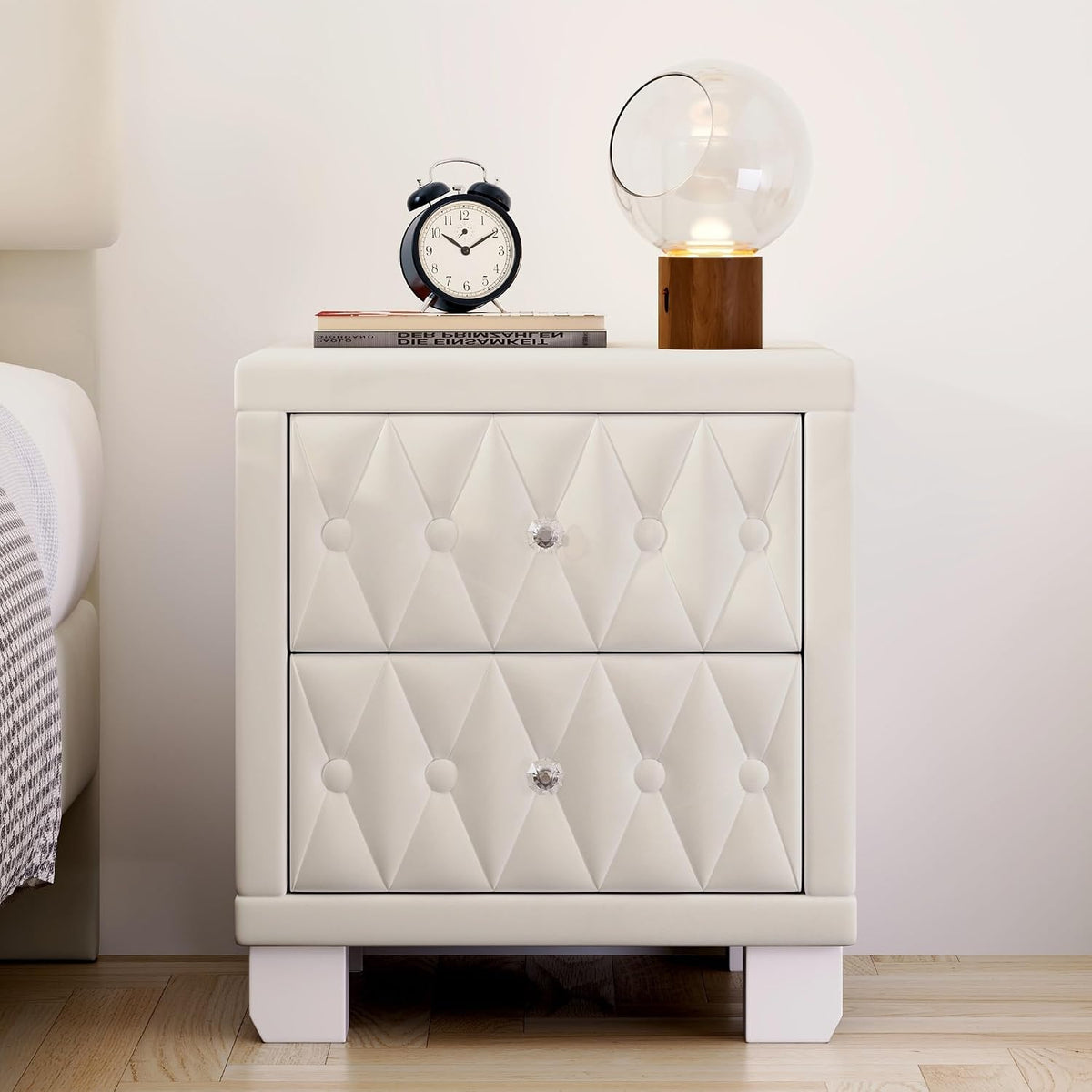 Elegant Velvet Nightstand with 2 Drawers and Crystal Handle, Storage Bedside Table with Button-Tufted,for Small Spaces