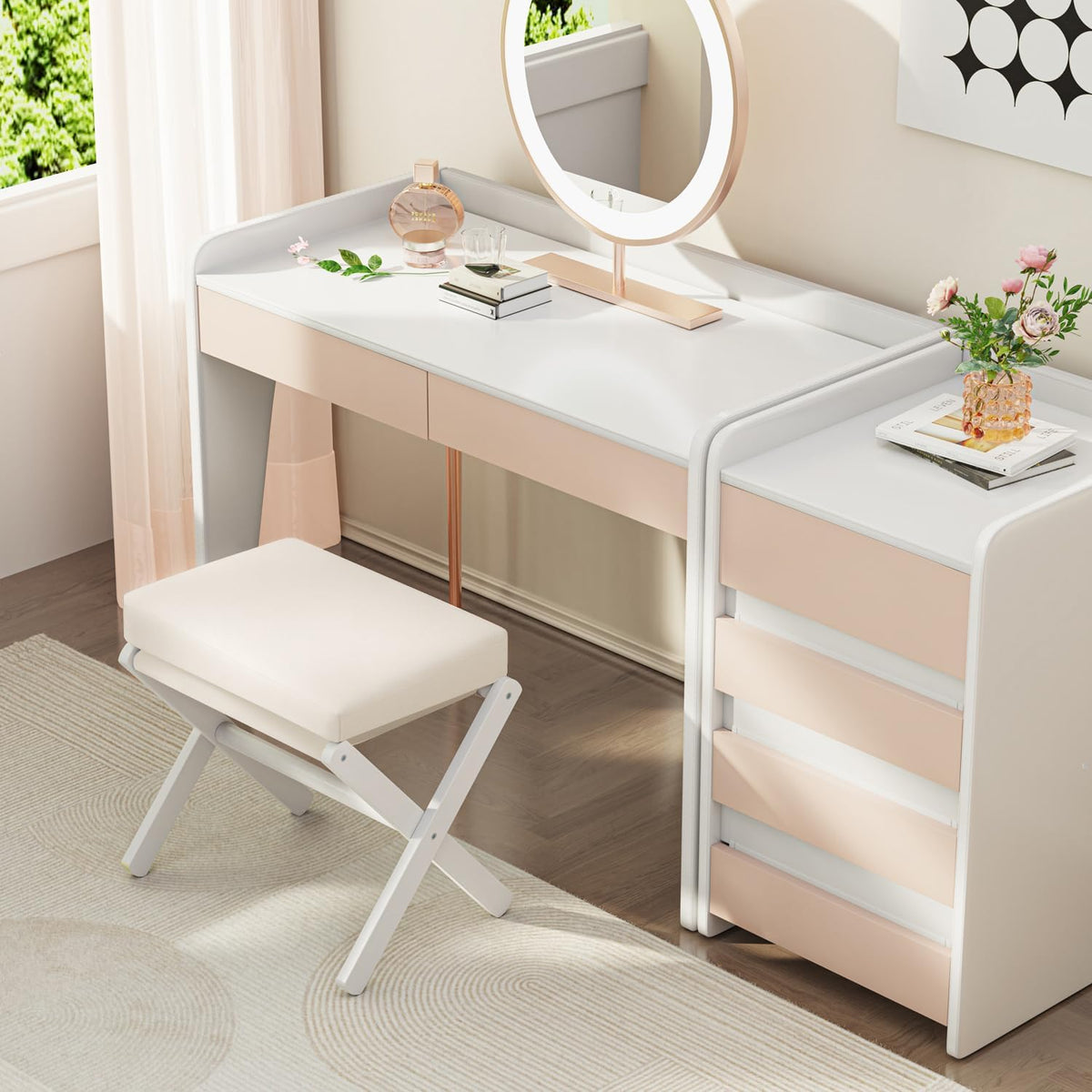 BAMBOOHOMIE Foldable Foot Stool Ottoman, Modern Foot Rest with Bamboo X Legs & Thick Foam Cushion, Folding Foot Stools Small Padded for Bedroom Living Room, Footstool for Chair Couch (White - White)