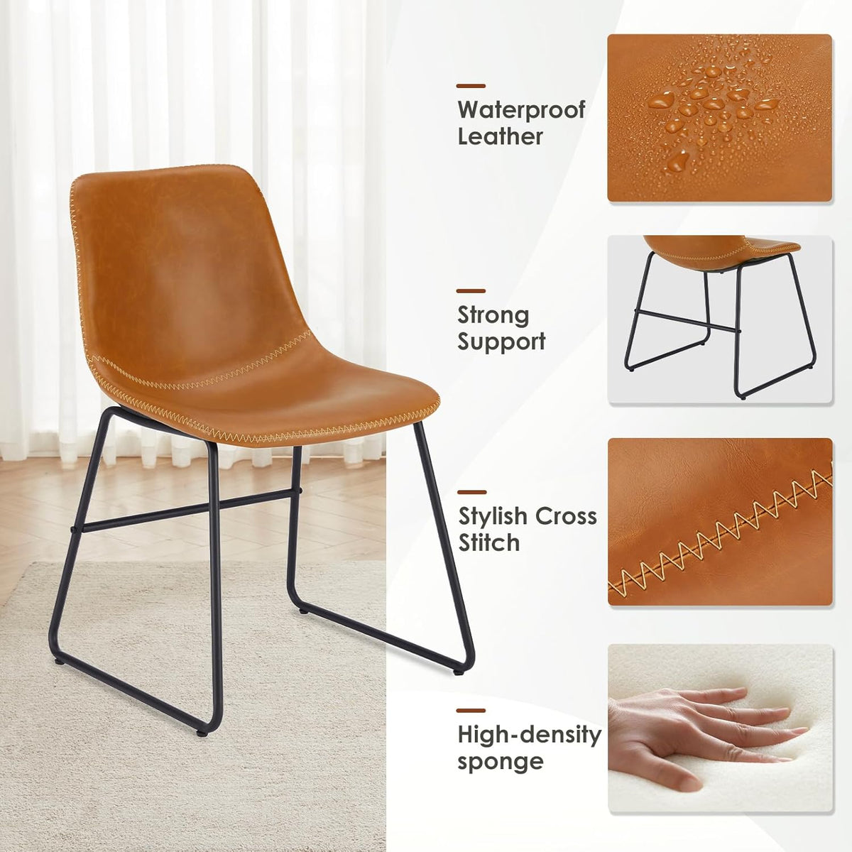 Soohow Mid-Century Modern Dining Chairs Set of 4, Faux Leather Upholstered Kitchen Chairs with Metal Legs, Comfortable Dining Room Chairs for Home