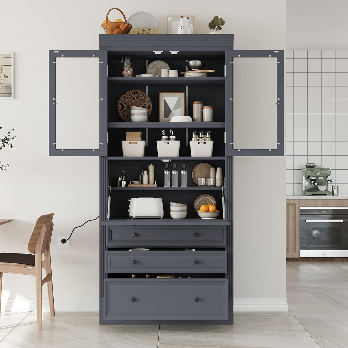 SOFTSEA Kitchen Pantry Cabinet with 3 Drawers, Kitchen Storage Cupboard with Power Outlet and Adjustable Shelves, Freestanding Display Cabinet for Living Room Dining Room, 36x16.5x78inch, Grey