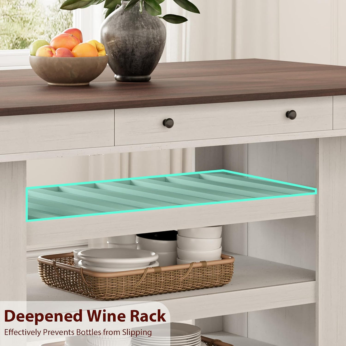 Garvee Counter Height Dining Table with 2 Drawers, 36" Farmhouse Wooden Large Bar Kitchen Table with Wine Rack & 3 Shelves, Rectangular, Thick Frame for Kitchen, Bar & Entertaining, Retro White Brow