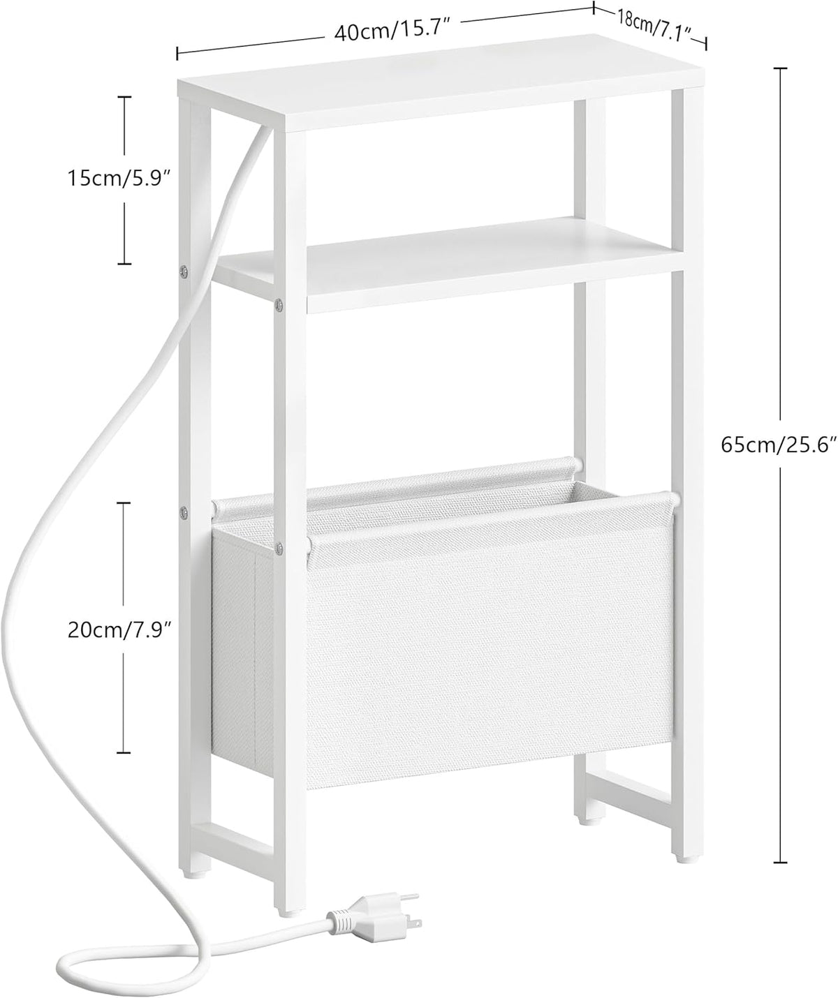 Narrow Side Table with Charging Station Slim End Table Sofa with Magazine Rack, Bedside Table for Small Spaces, 3 Tier Nightstand for Living Room Couch, Bedroom White LET503WE