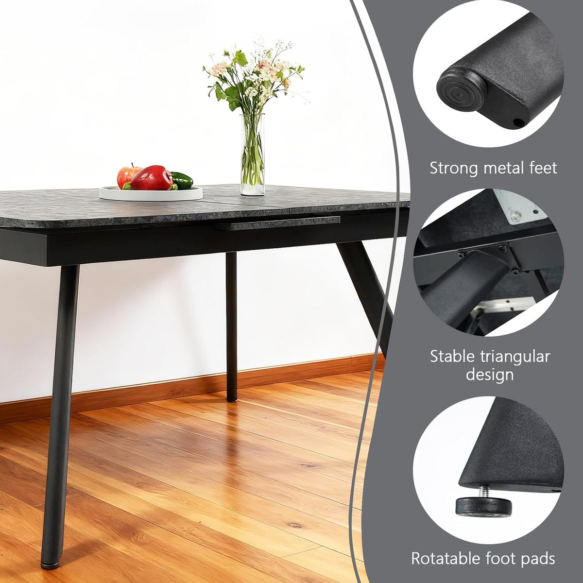 Extendable Dining Table 47-59 Inch - Space-Saving Slide-Out Design, Black Lava MDF Top for 4-8 People, Perfect for Dining Room, Apartment & Home Office