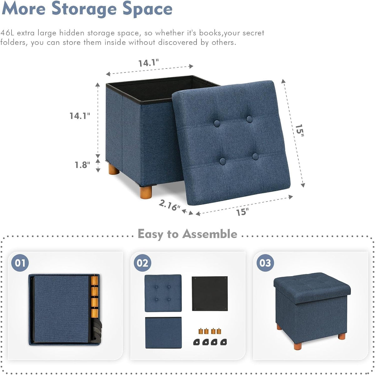 B FSOBEIIALEO Storage Ottoman with Tray, Foot Stools and Ottomans with Legs, Storage Cube Seat Linen Blue 15"