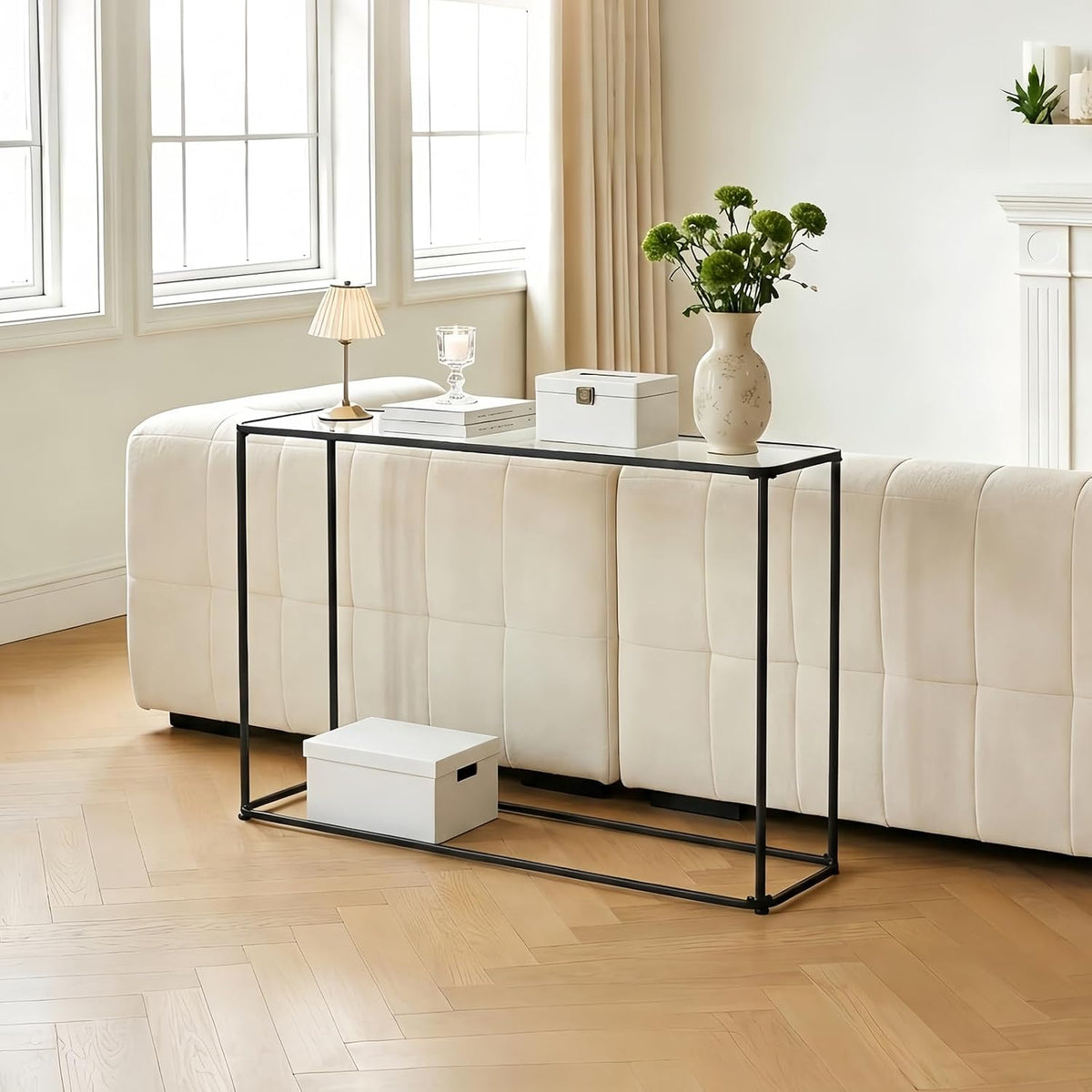 DDK Narrow Console Table 47 Inch, Thin Sofa Side Table with Glass Top & Metal Frame, Entryway Table with Open Storage for Hallway Living Room, Modern Slim Console Table for Small Spaces