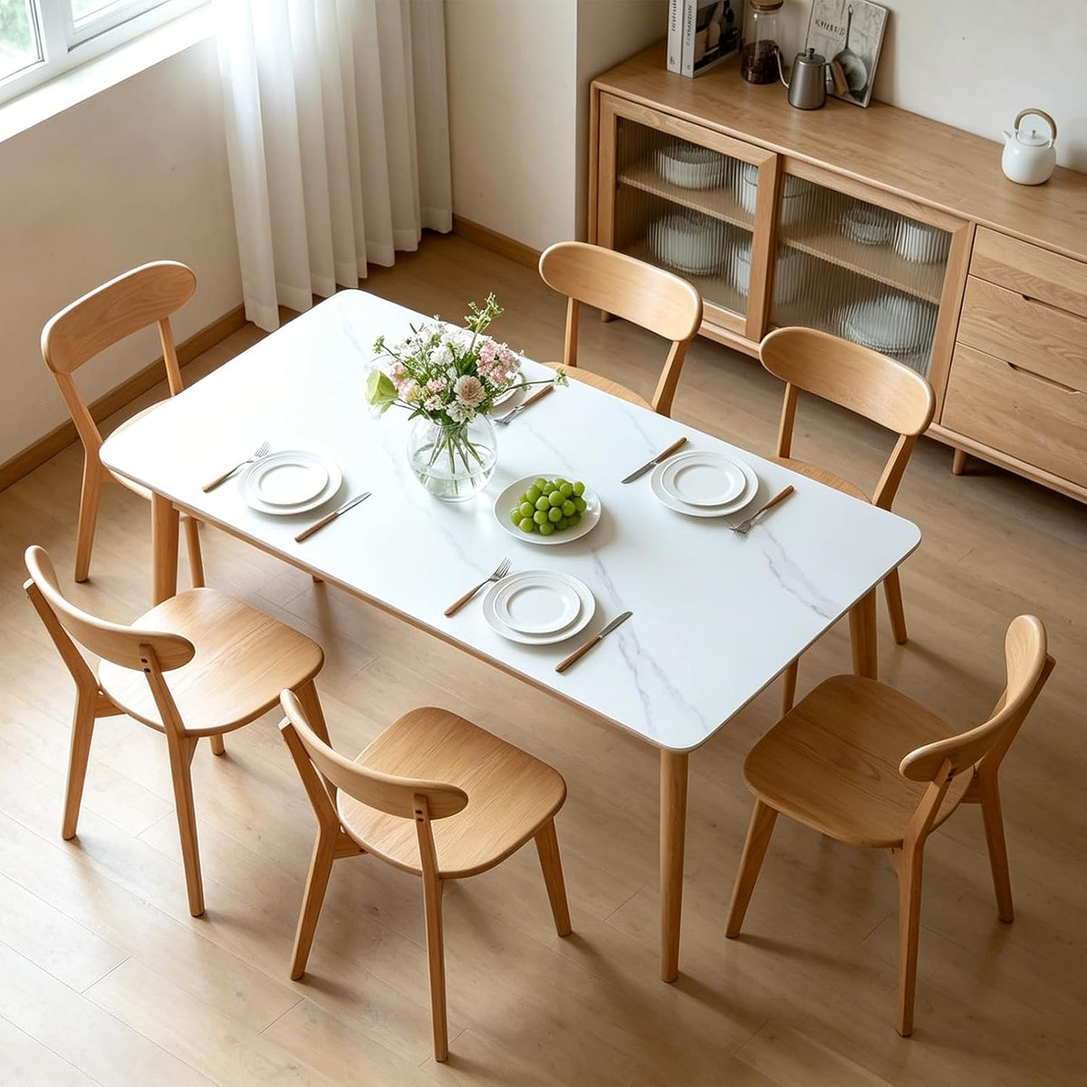 Solid Oak Wood Dining Chairs Set of 6 | Heavy Duty 400 lbs Commercial Grade | Natural Finish | Mid Century Modern Curved Back Wooden Chairs for Home Kitchen Restaurant | Easy Assembly