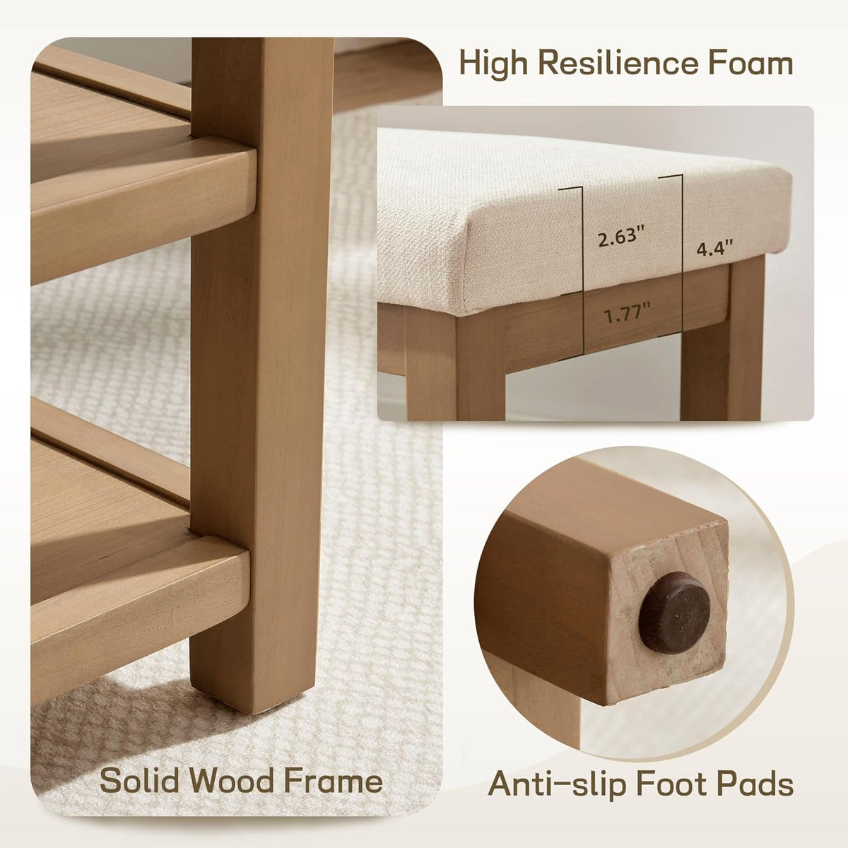Zihanhome 2 Tier Shoe Rack Bench with Cushion, Solid Wood Shoe Benches, Mid-Century Modern Shoe Storage Bench for Entryway, Hallway, Living Room, Closet, Front Door Entrance, (Beige, 39.4")