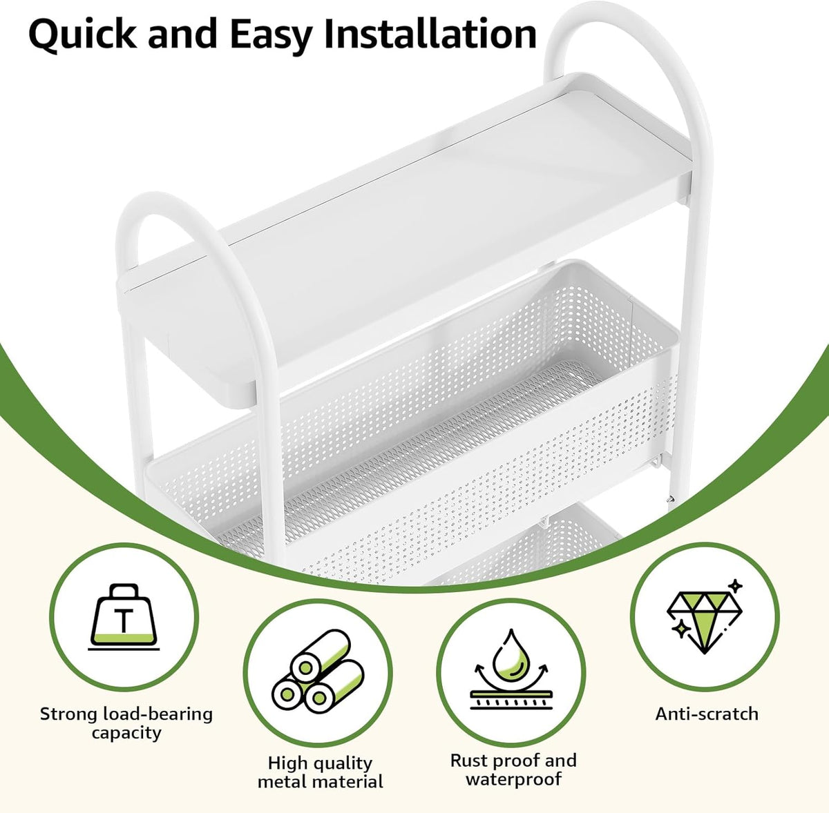 KINGRACK 5-Tier Slim Storage Cart with Pull Out Basket, Rolling Bathroom Organizer Utility, Metal Shelving Unit Slide Out, Lockable Wheels, Easy Assembly for Narrow Place, Kitchen, Laundry Room, White