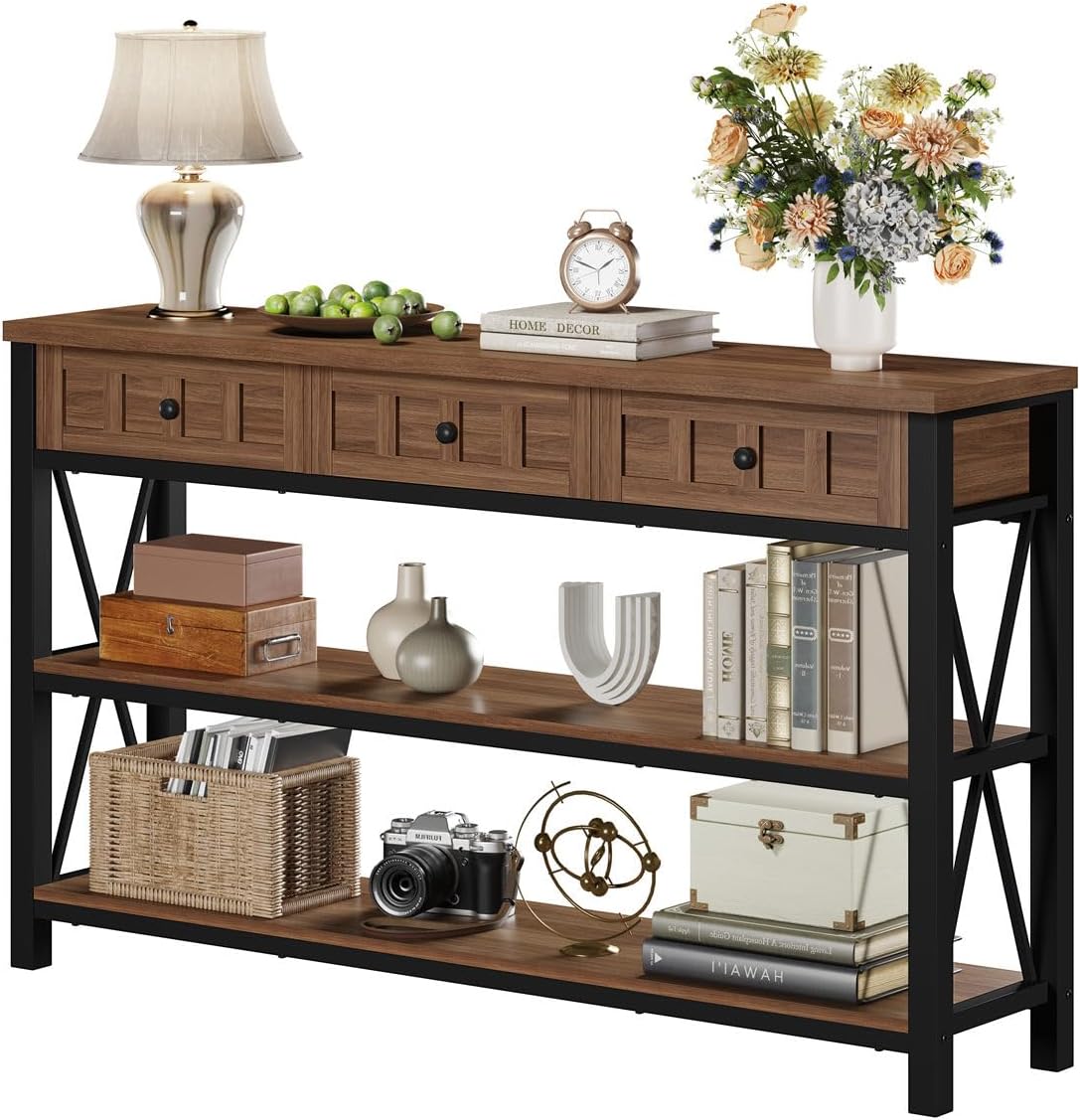 FATORRI Console Table for Entryway, Farmhouse Sofa Table with 3 Drawers for Living Room, Wood and Metal Hallway Tables with Storage and Couch Tables Behind Sofa (54.72 Inch Long, Medium Walnut)