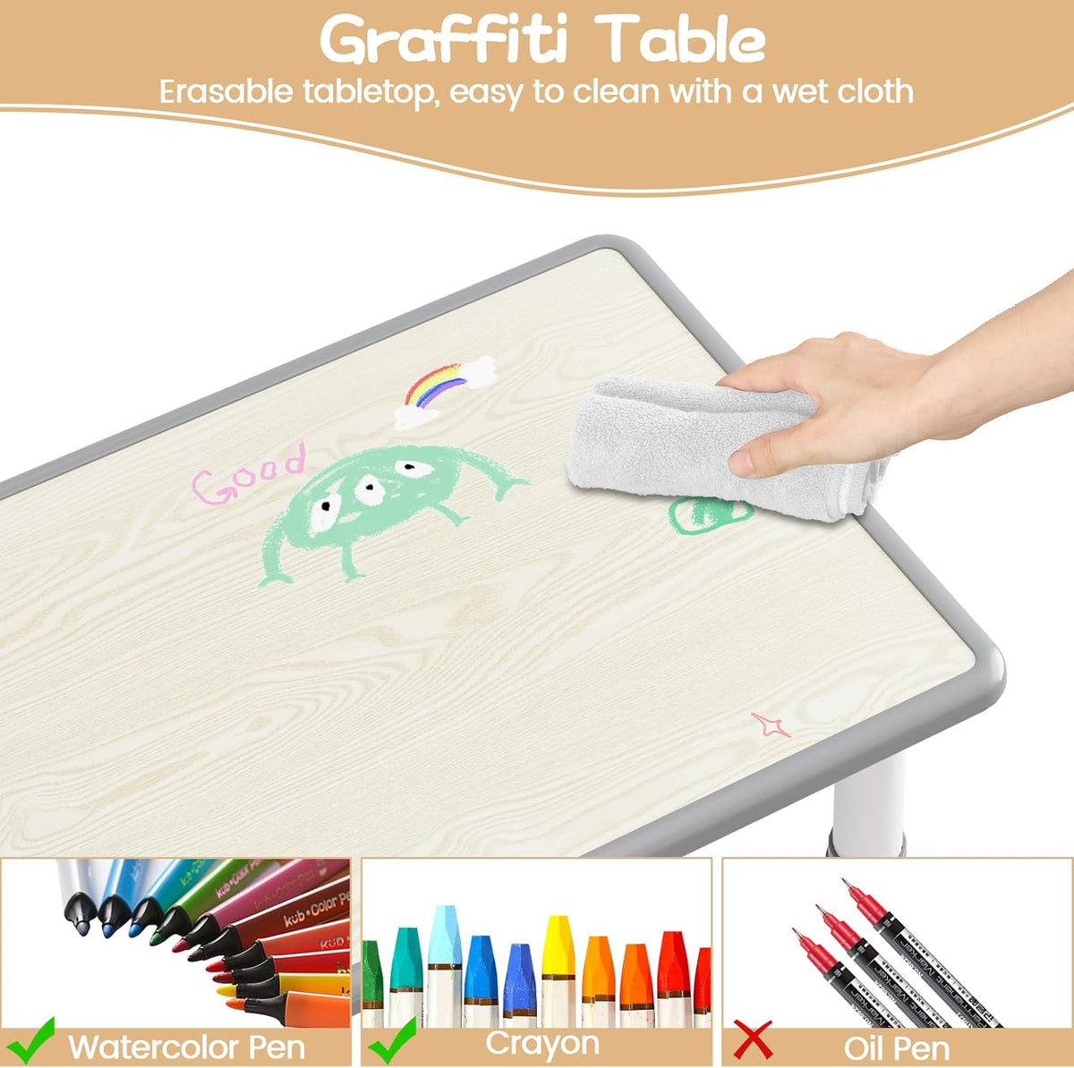 Kids Table and Chairs Set Height Adjustable Table and 6 Chairs for Toddlers | 120*60 cm Graffiti Table | Non-slip Caps | Ergonomic Chair | Rounded Corners | Suitable for Daycare, Classrooms, Home