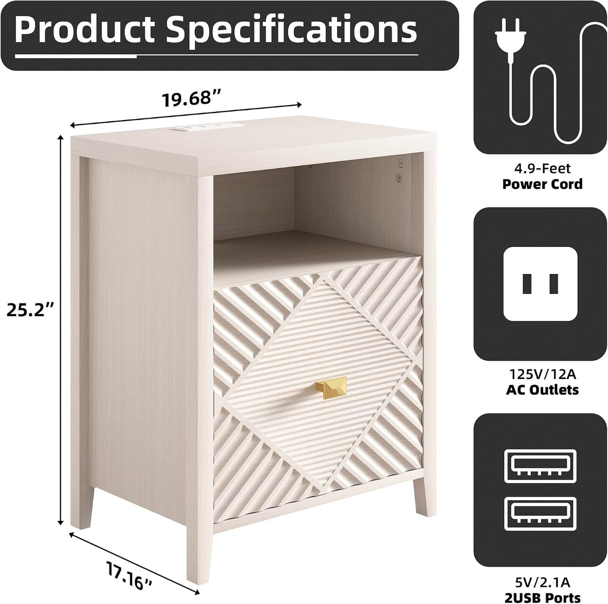 3imothrix End Table Set of 2 with Charging Station, Modern Nightstand with Door and Open Shelf, Fluted Design, Bedside Table for Bedroom, Living Room, Light Brown
