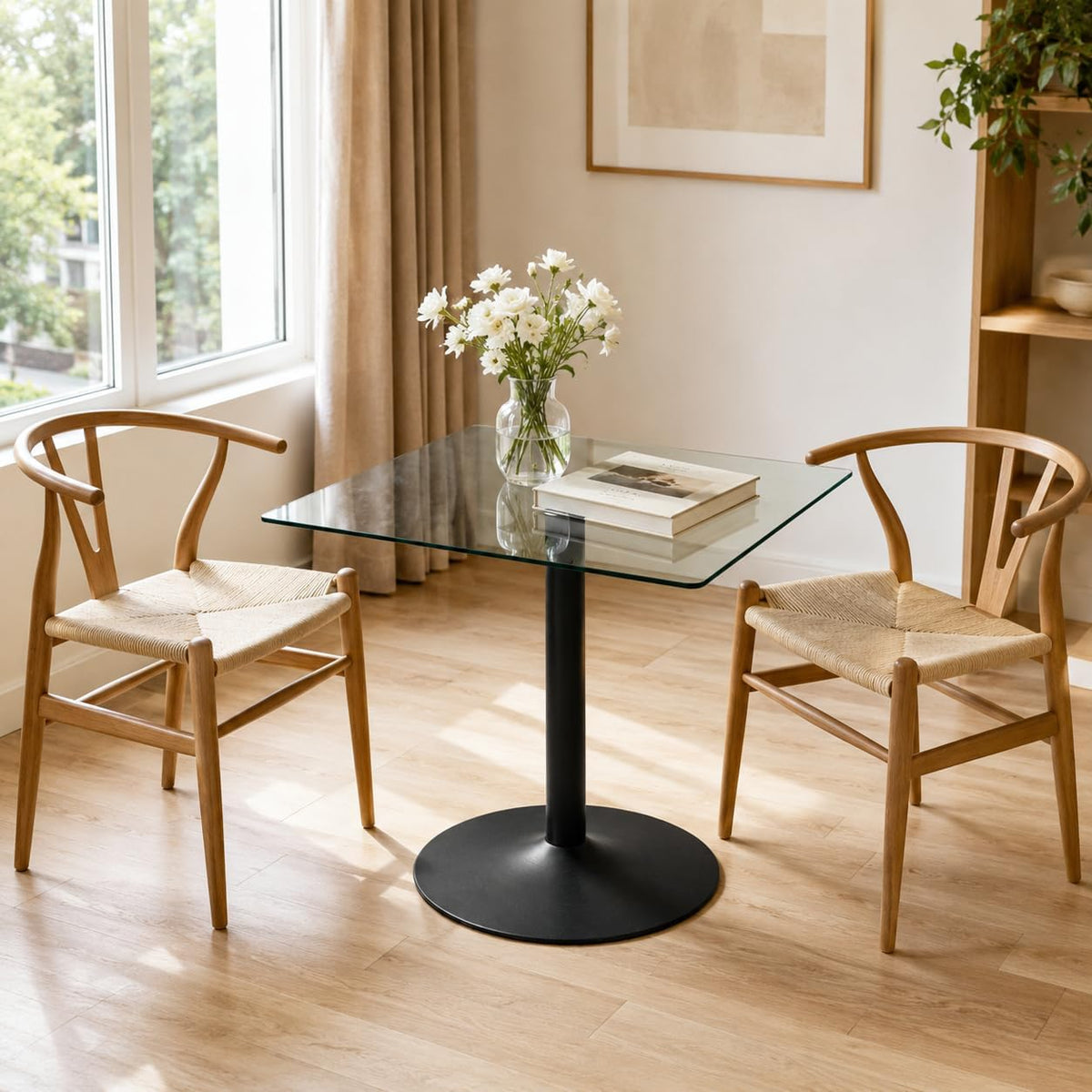 38.6'' Square Kitchen Table,Clear Square Glass Dining Table,Tempered Glass Dining Table with Sturdy Black Chrome Pole Support,Small Circle Table for Small Spaces Apartment,Dining Room(30" H