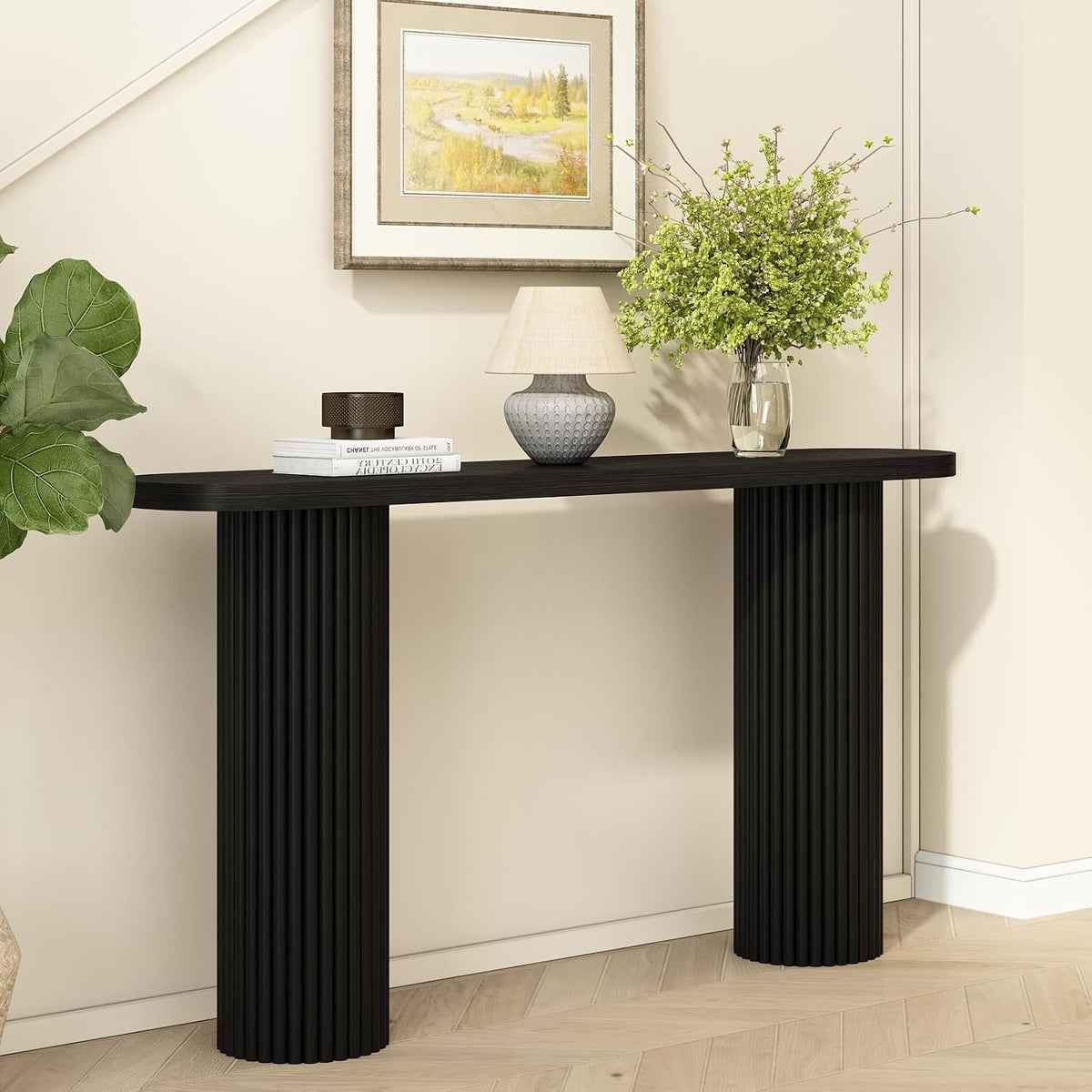 55" Fluted Console Table with Solid Wood Legs, Long Farmhouse Entryway Table with Rounded Corners, Morden Sofa Tables Behind Couch for Foyer, Entrance, Living Room, Hallway