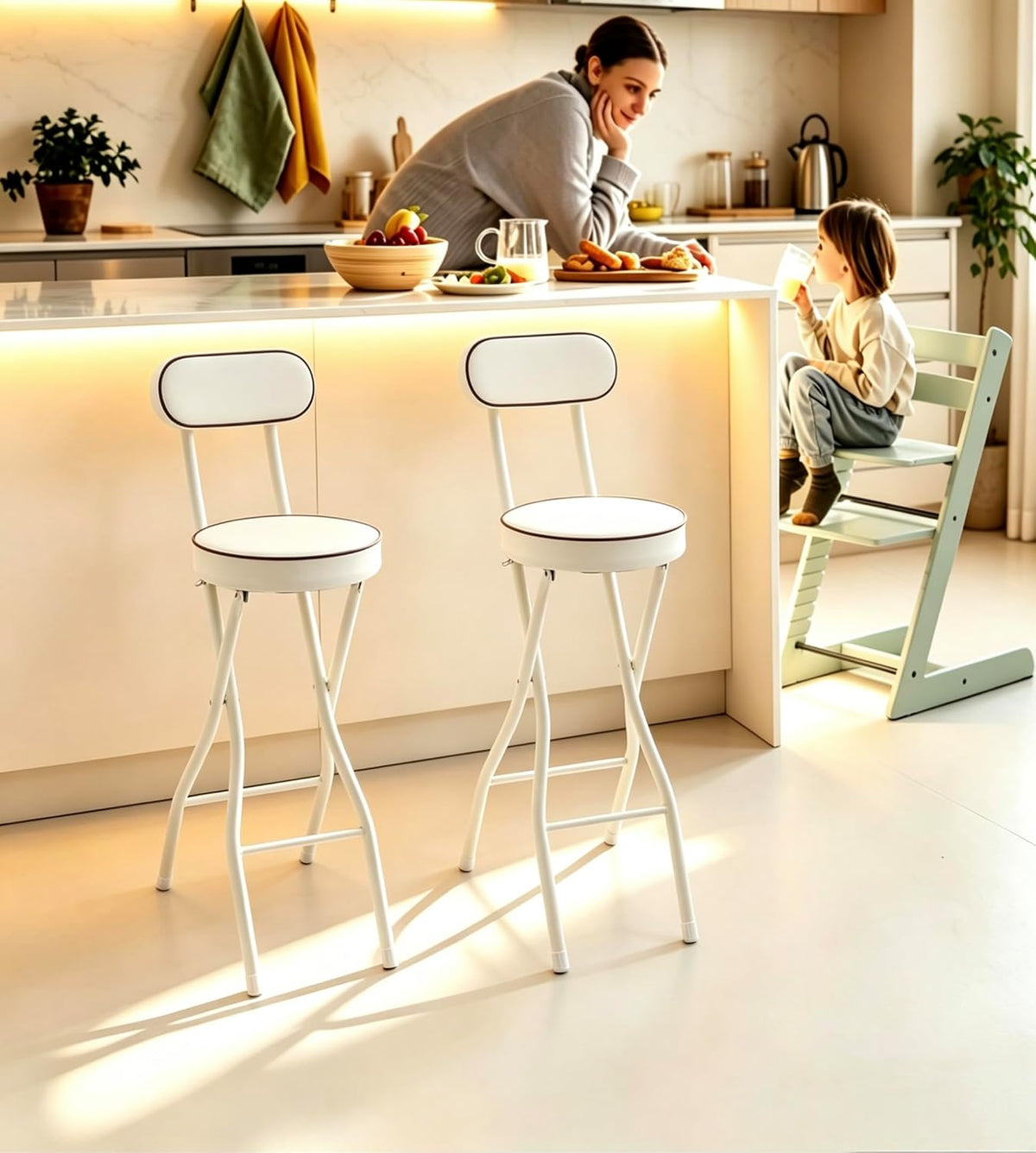 Set of 2-Folding Bar Stool Chair W/Back,Tall Foldable Chair Leather Padded | Counter Height Collapsible Stool for Adults Kitchen Island Guitar Shop Cafe Bar-White