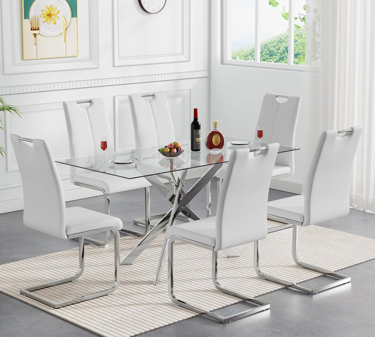 7 Piece Glass Dining Table Set, Glass Kitchen Dining Room Table Set for 6, 61" Modern Rectangular Silver Glass Metal Dining Table with 6 White PU Leather Dining Chairs for Kitchen Dining Room