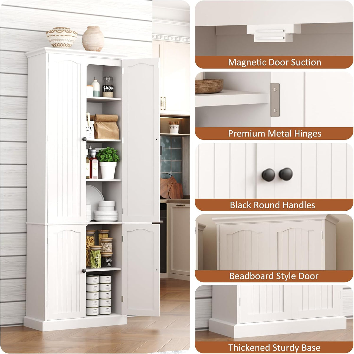 Function Home 72" Kitchen Pantry Cabinet, Tall Wood Storage Cabinet with Doors and Adjustable Shelves, 6-Tier Freestanding Cupboard for Kitchen Dining Room Living Room Bathroom, White