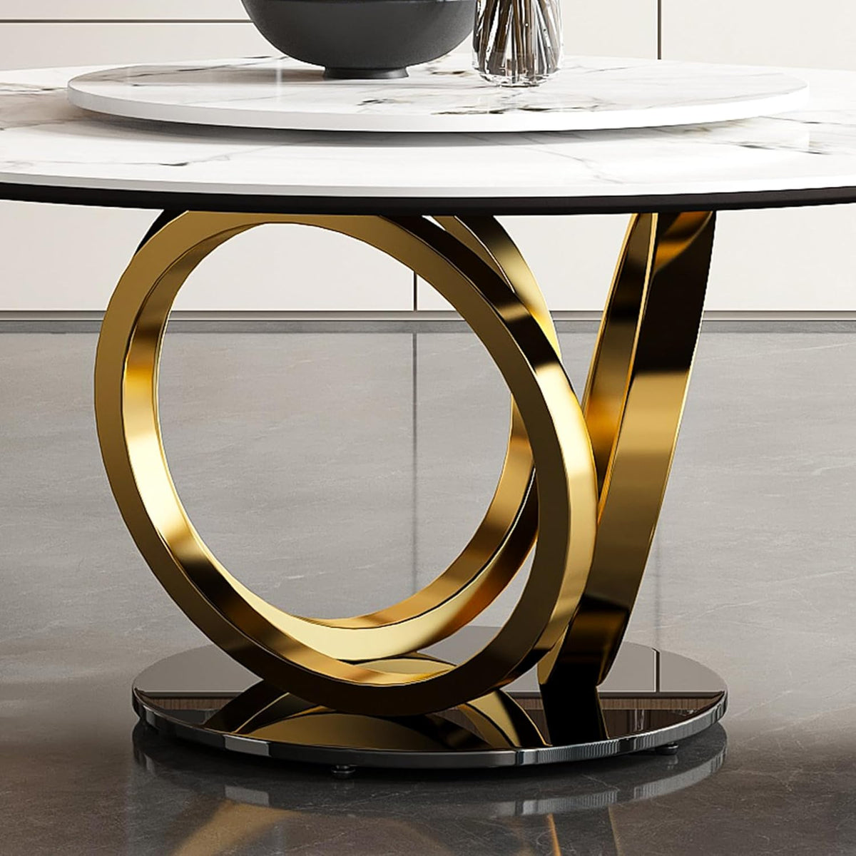 Modern Marble Dining Table, 59" Round Sintered Stone Table for Dining Room, Kitchen, Compact Space w/Stainless Steel Gold Base, Detachable Lazy Susan