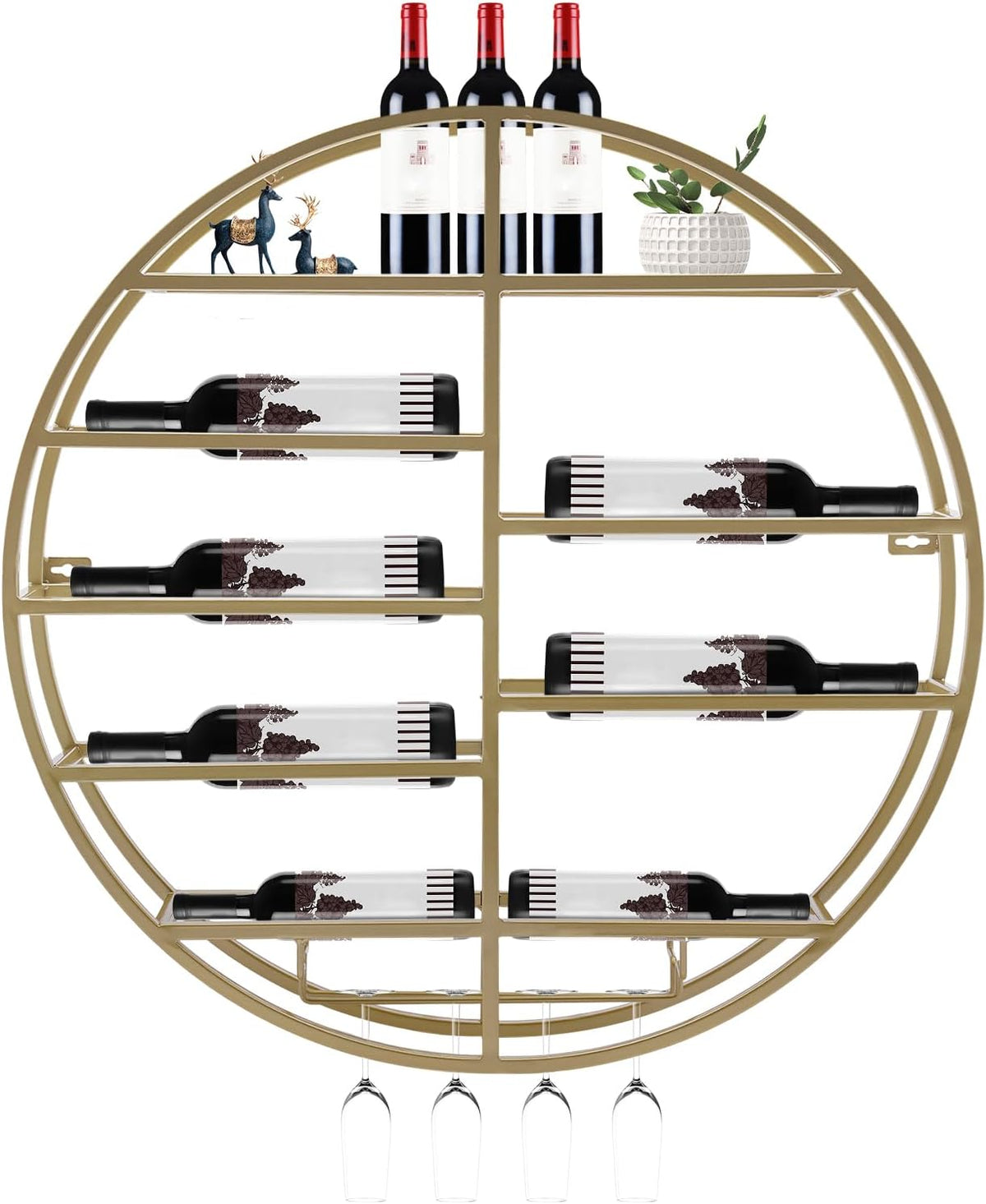 Wall Mounted Wine Rack with Glass Holder, Gold Metal Bottle Holder Round Wine Storage Display Rack for Restaurants Bar Dining Room Kitchen